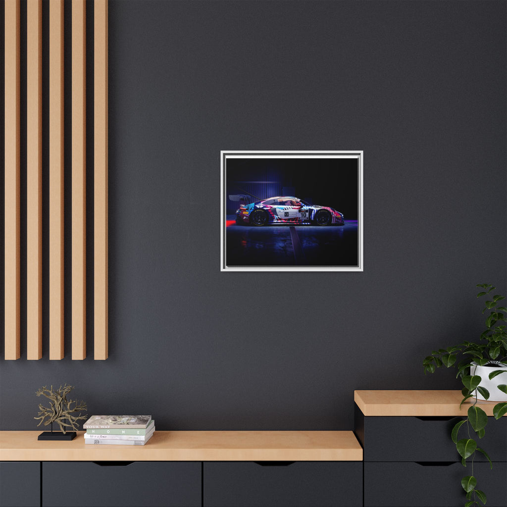Framed Matte Canvas Print — Neon Racecar Wall Art