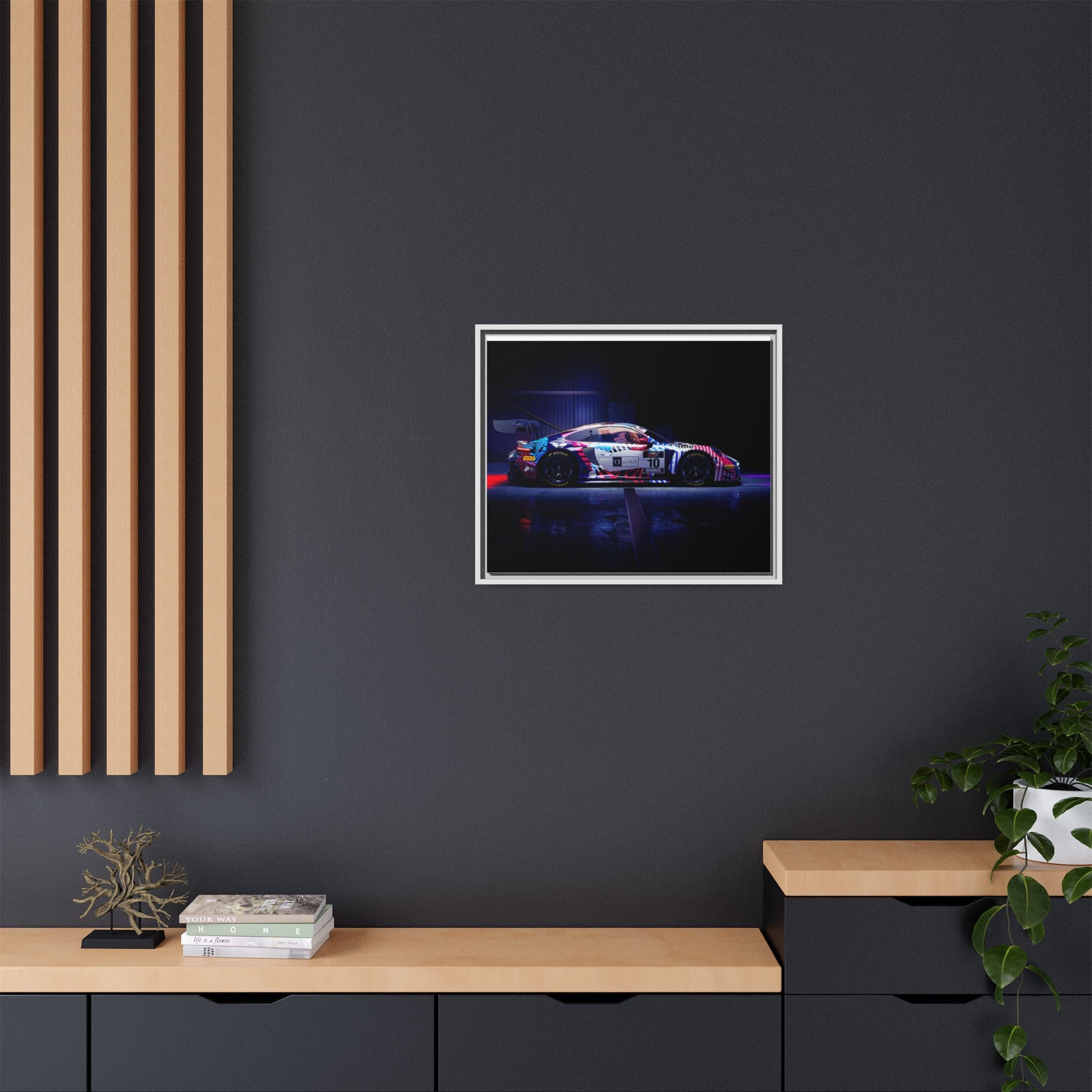 Framed Matte Canvas Print — Neon Racecar Wall Art
