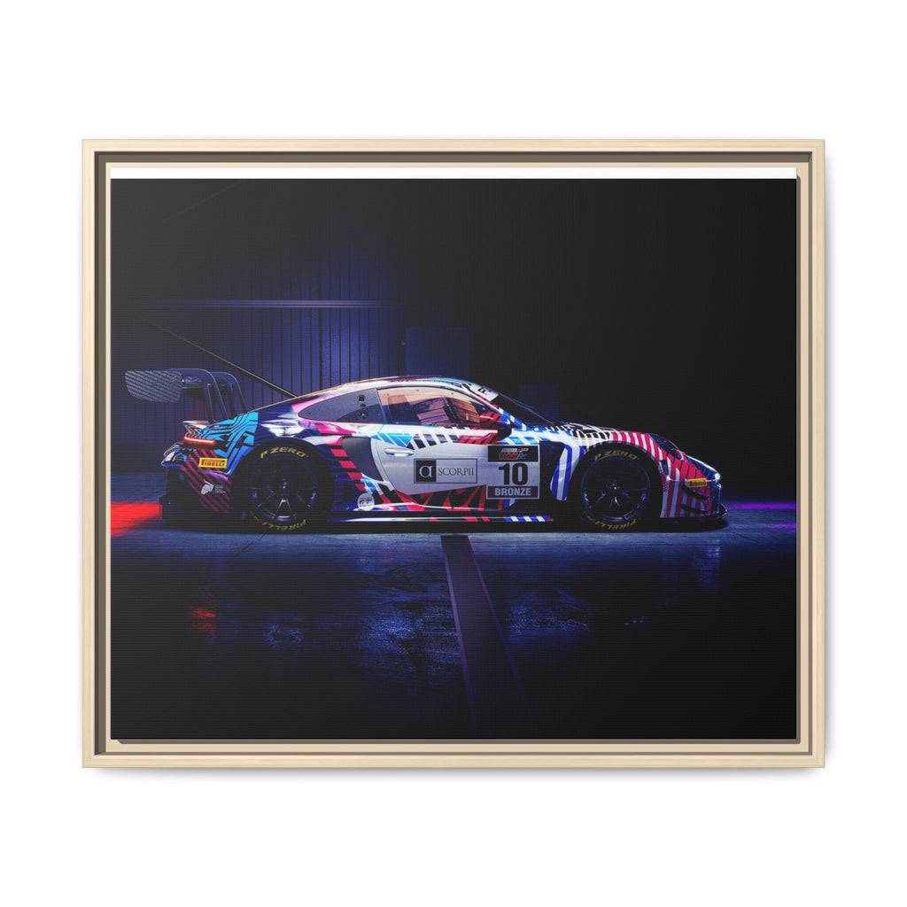 Framed Matte Canvas Print — Neon Racecar Wall Art