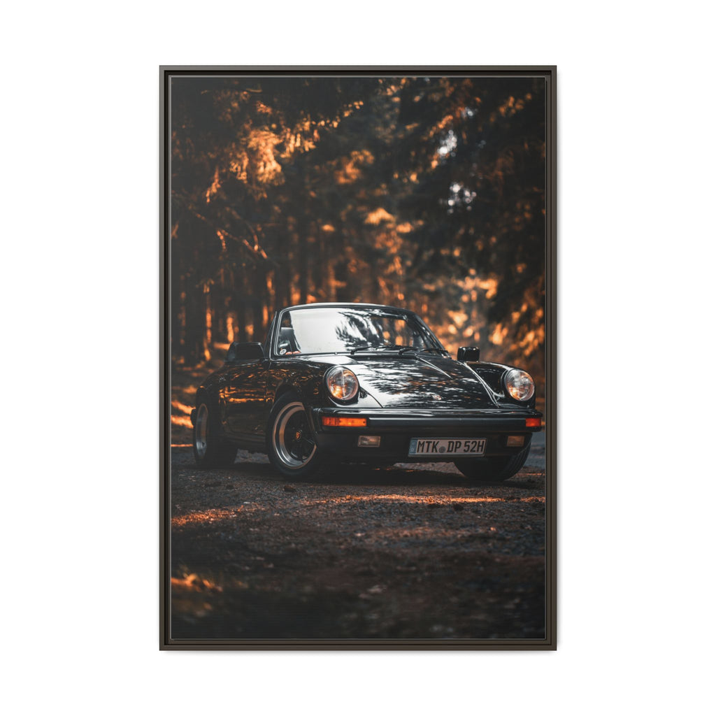 Framed Matte Canvas Print — Vintage Black Porsche in Autumn Forest