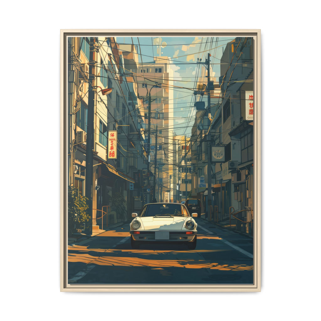 Vintage Sports Car Cityscape Framed Canvas Print