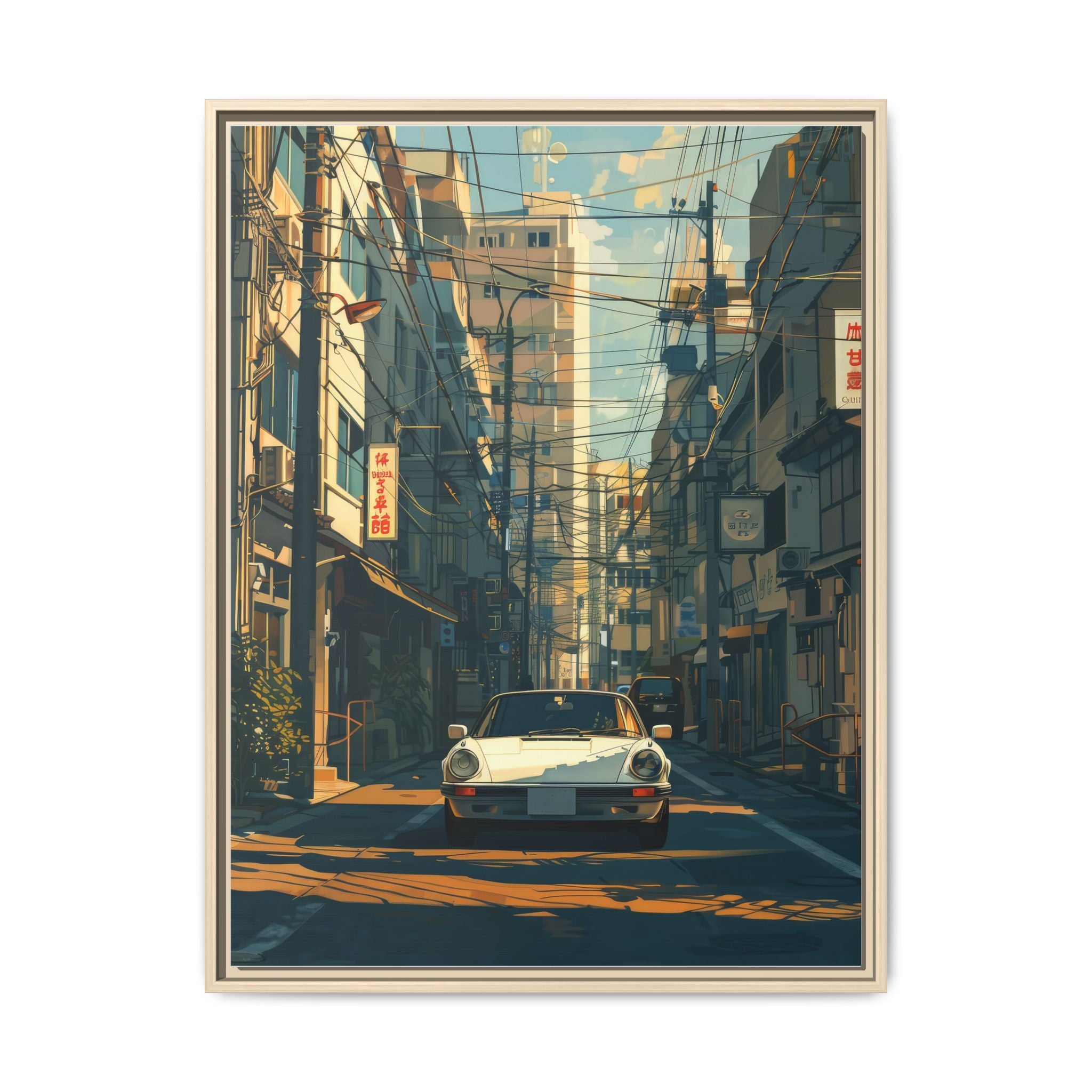 Vintage Sports Car Cityscape Framed Canvas Print