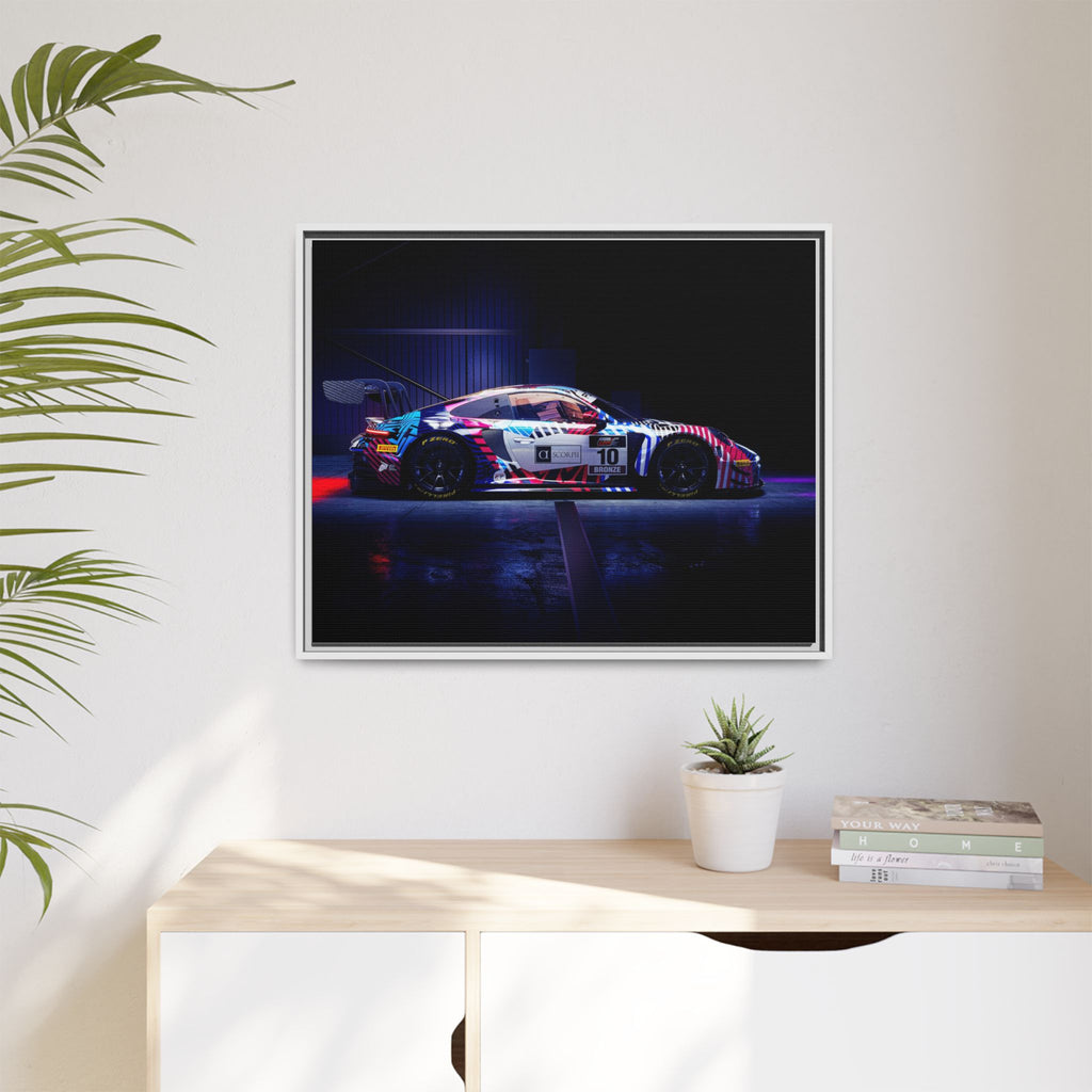 Framed Matte Canvas Print — Neon Racecar Wall Art