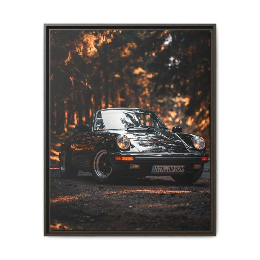 Framed Matte Canvas Print — Vintage Black Porsche in Autumn Forest
