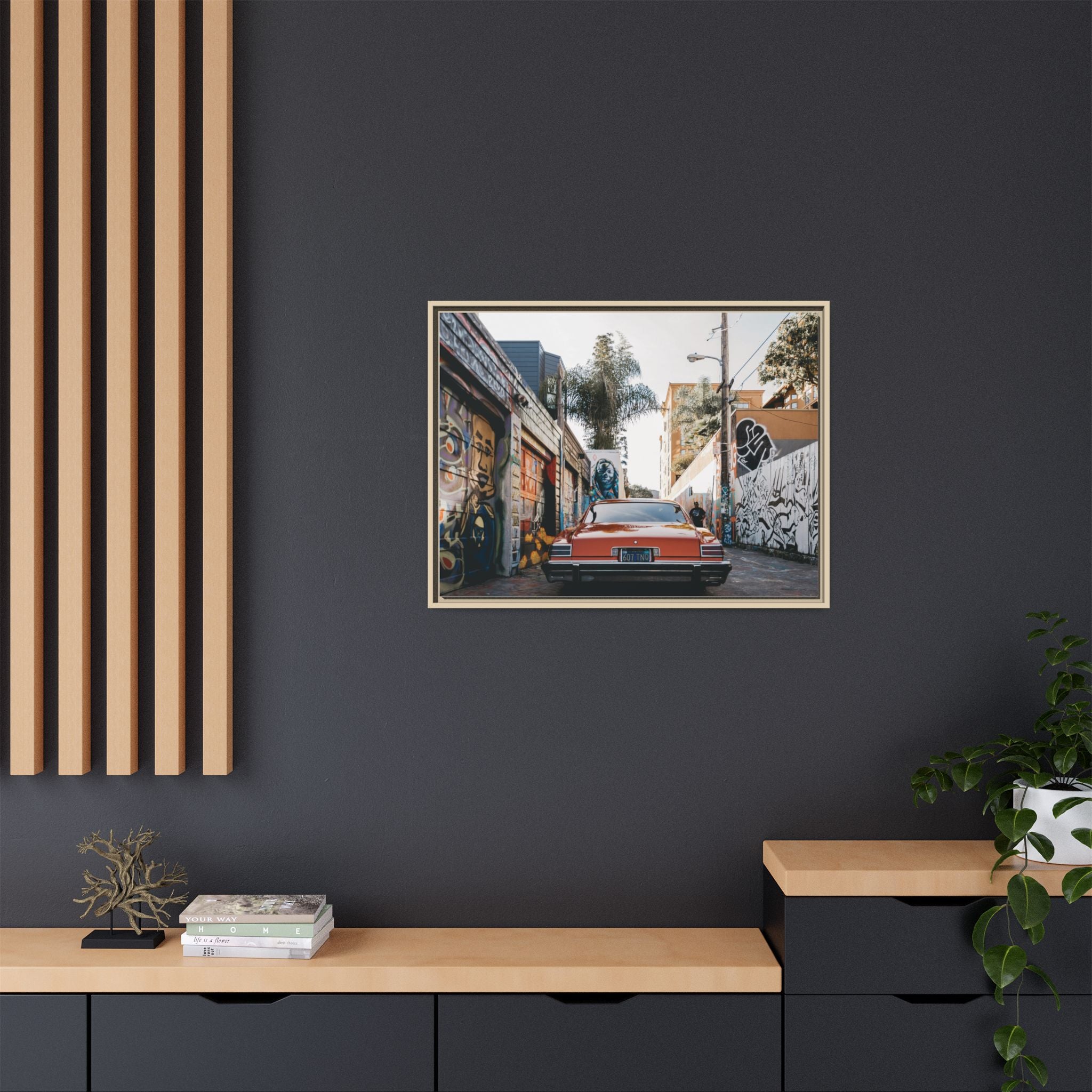 Vintage Chevrolet in Graffiti Alley — Framed Matte Canvas Wall Art