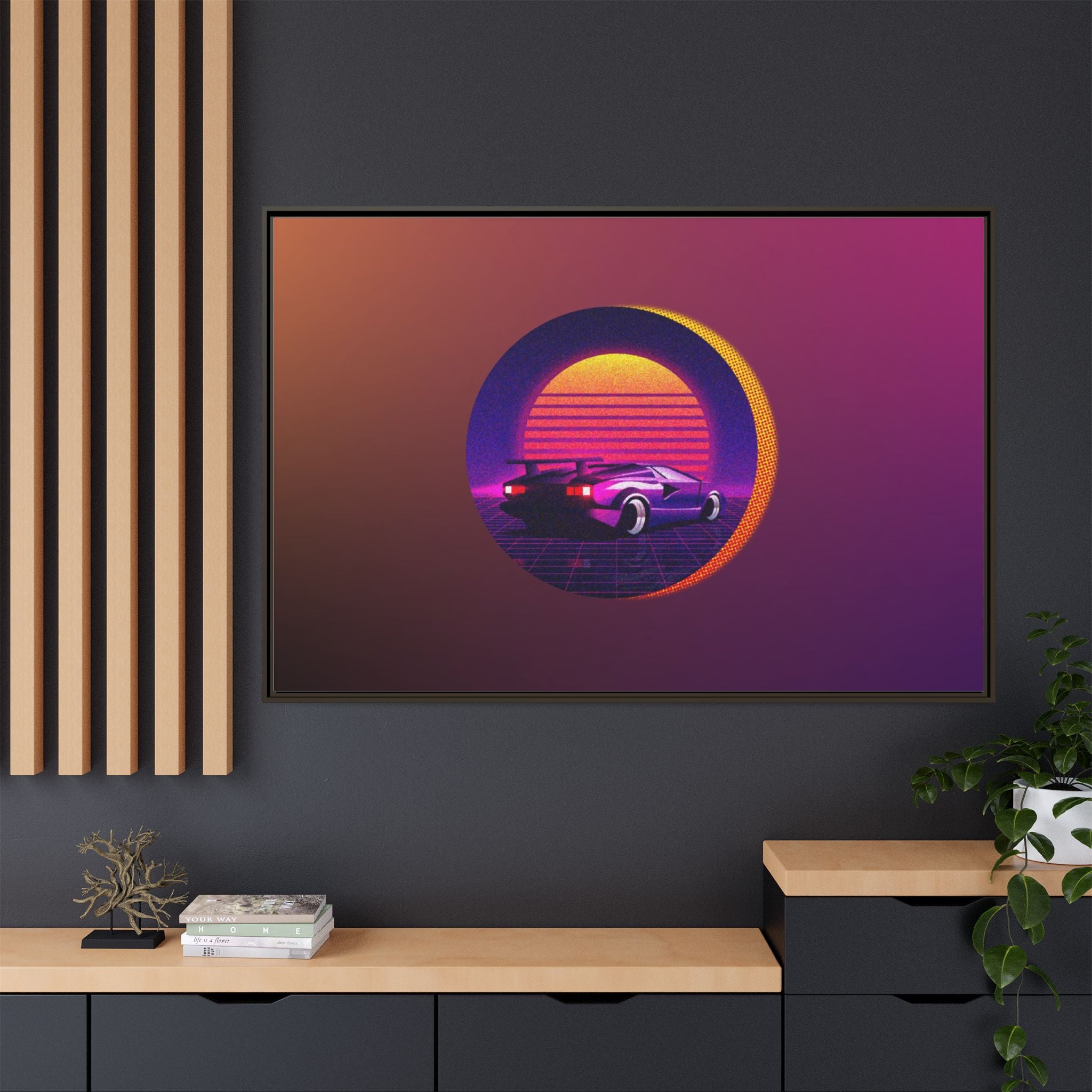 Retro Sunset Sports Car Matte Canvas Framed Wall Art