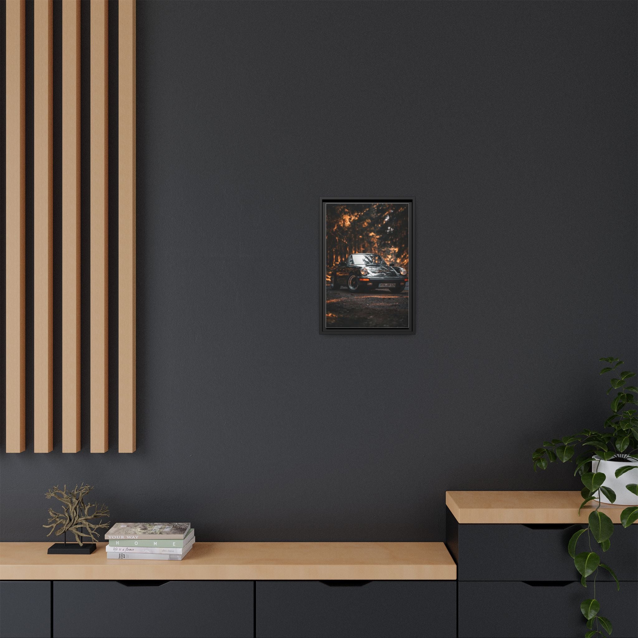 Framed Matte Canvas Print — Vintage Black Porsche in Autumn Forest