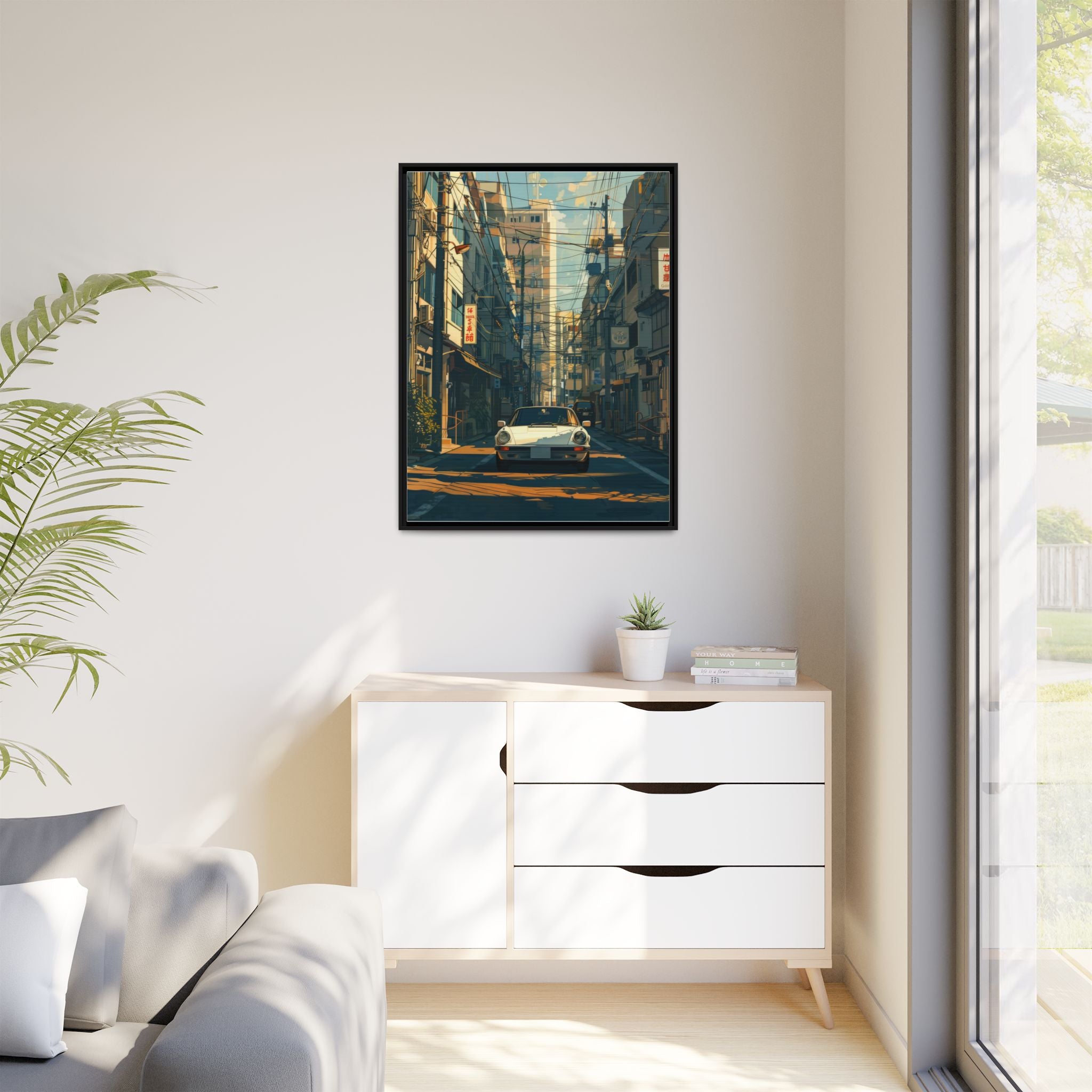 Vintage Sports Car Cityscape Framed Canvas Print