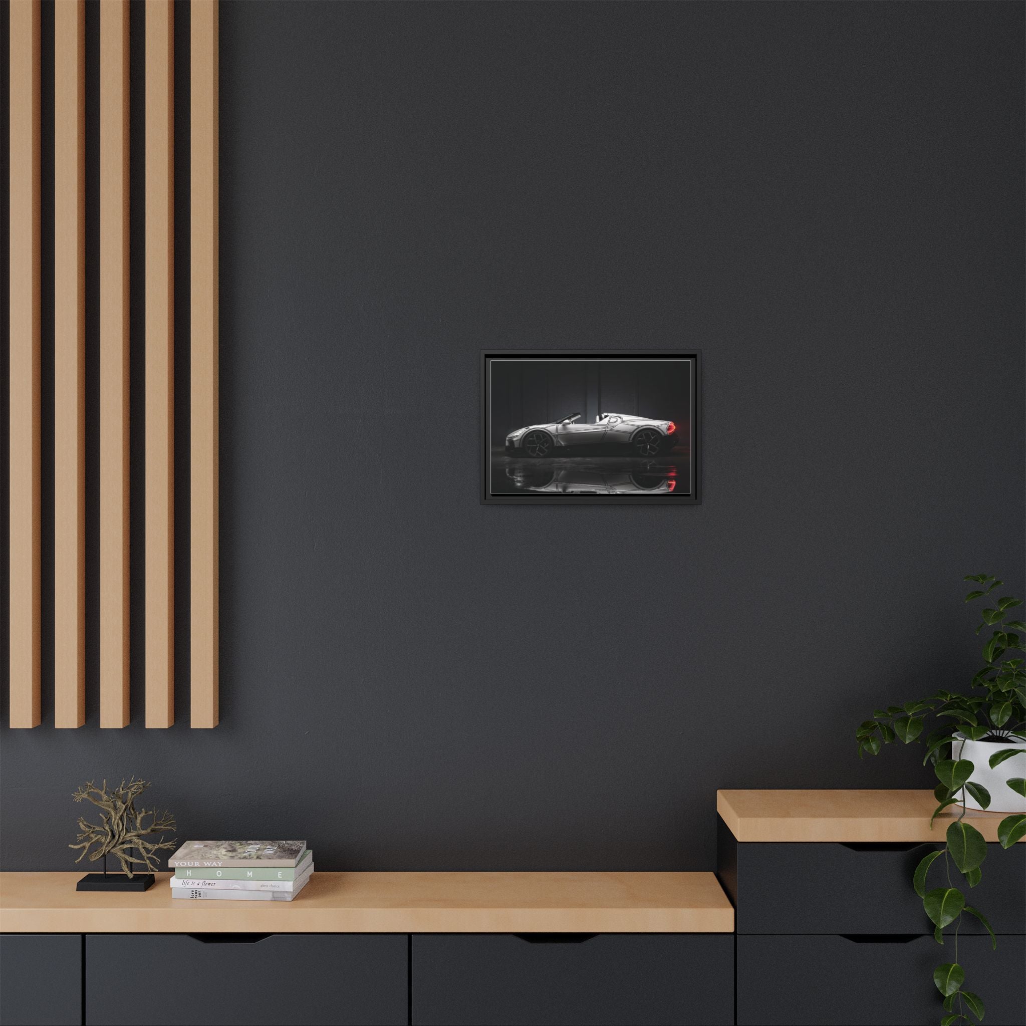 Framed Matte Canvas: Sleek Sports Car Reflection Wall Art