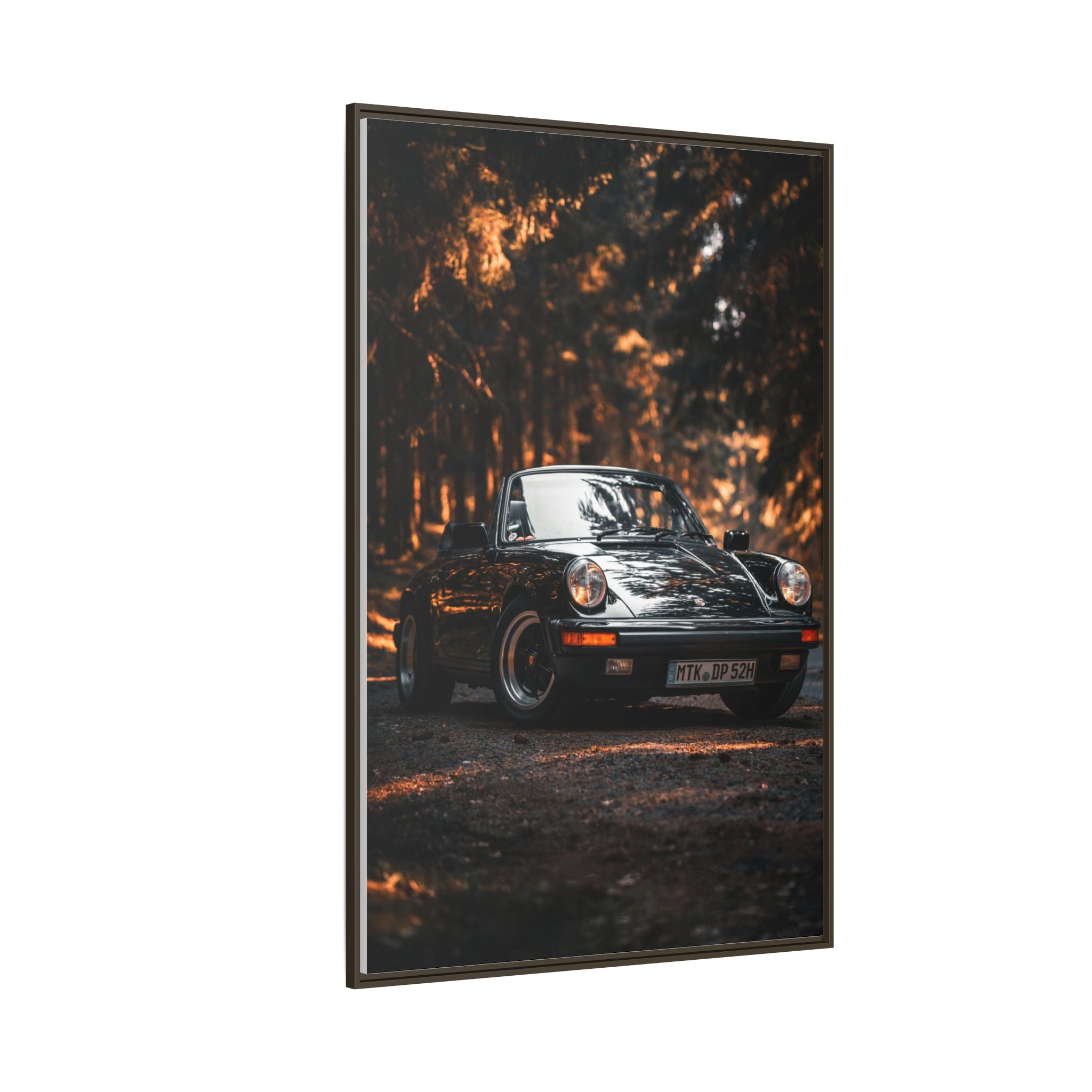 Framed Matte Canvas Print — Vintage Black Porsche in Autumn Forest