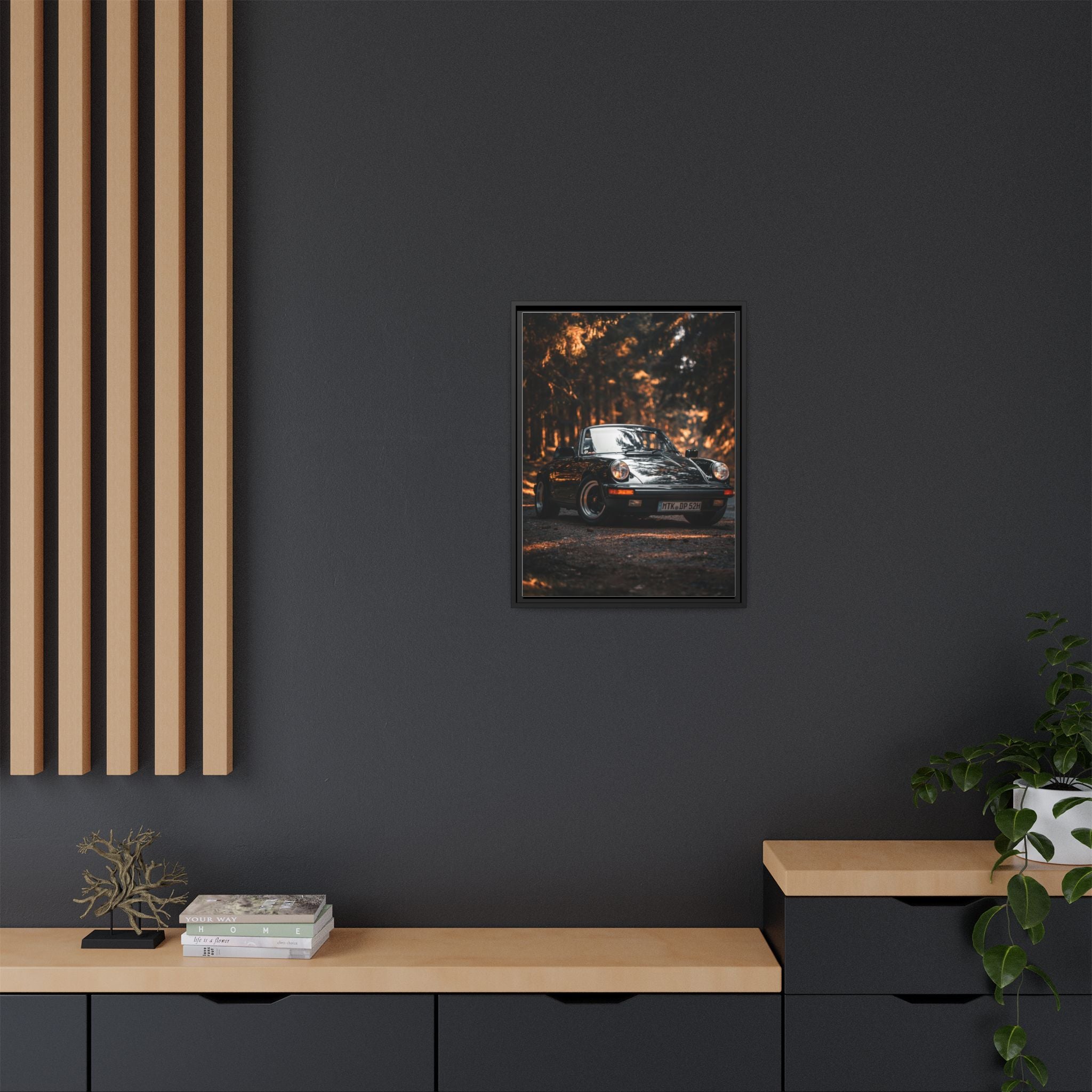 Framed Matte Canvas Print — Vintage Black Porsche in Autumn Forest