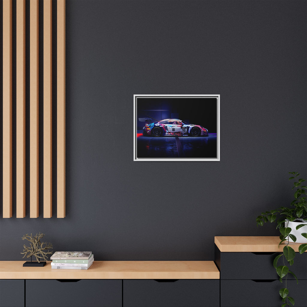 Framed Matte Canvas Print — Neon Racecar Wall Art