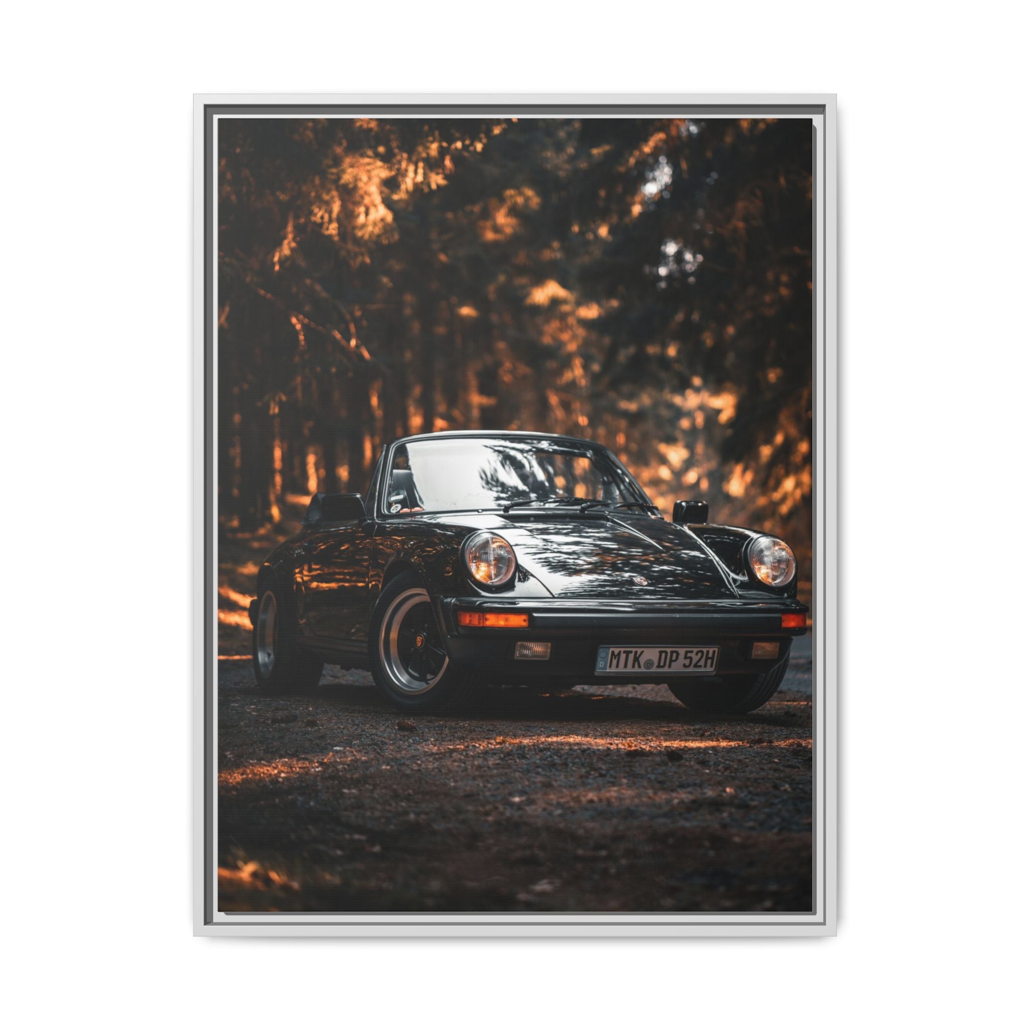 Framed Matte Canvas Print — Vintage Black Porsche in Autumn Forest