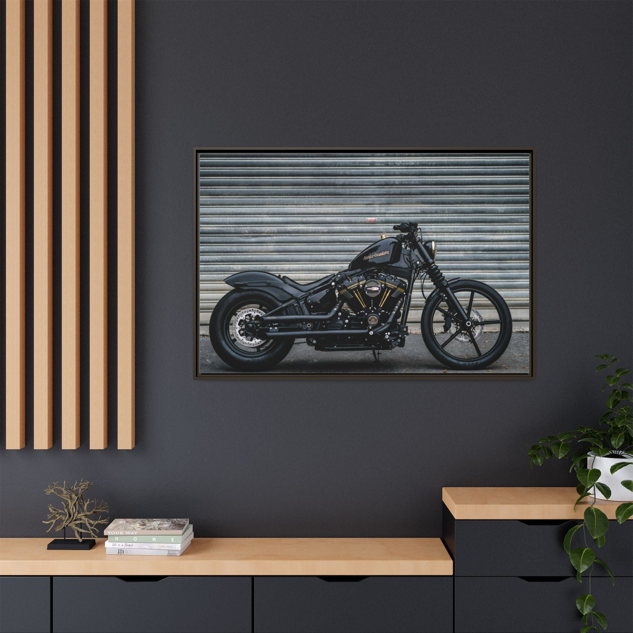Framed Matte Canvas Motorcycle Print — Black Bobber Wall Art