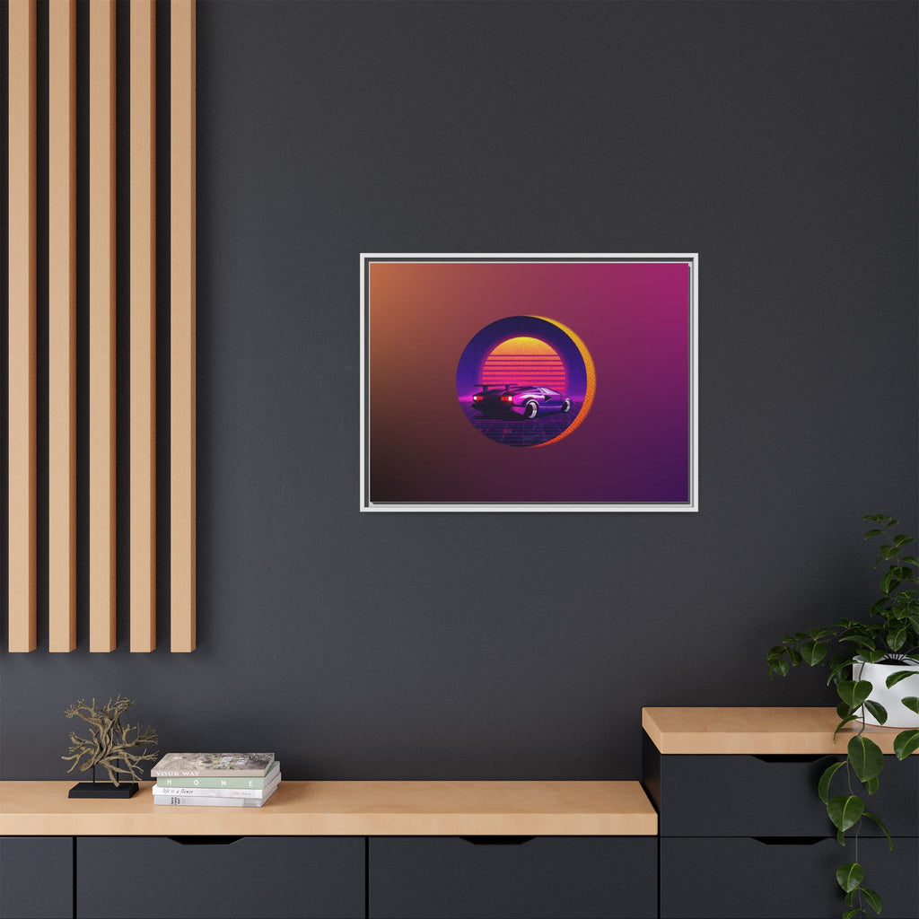 Retro Sunset Sports Car Matte Canvas Framed Wall Art