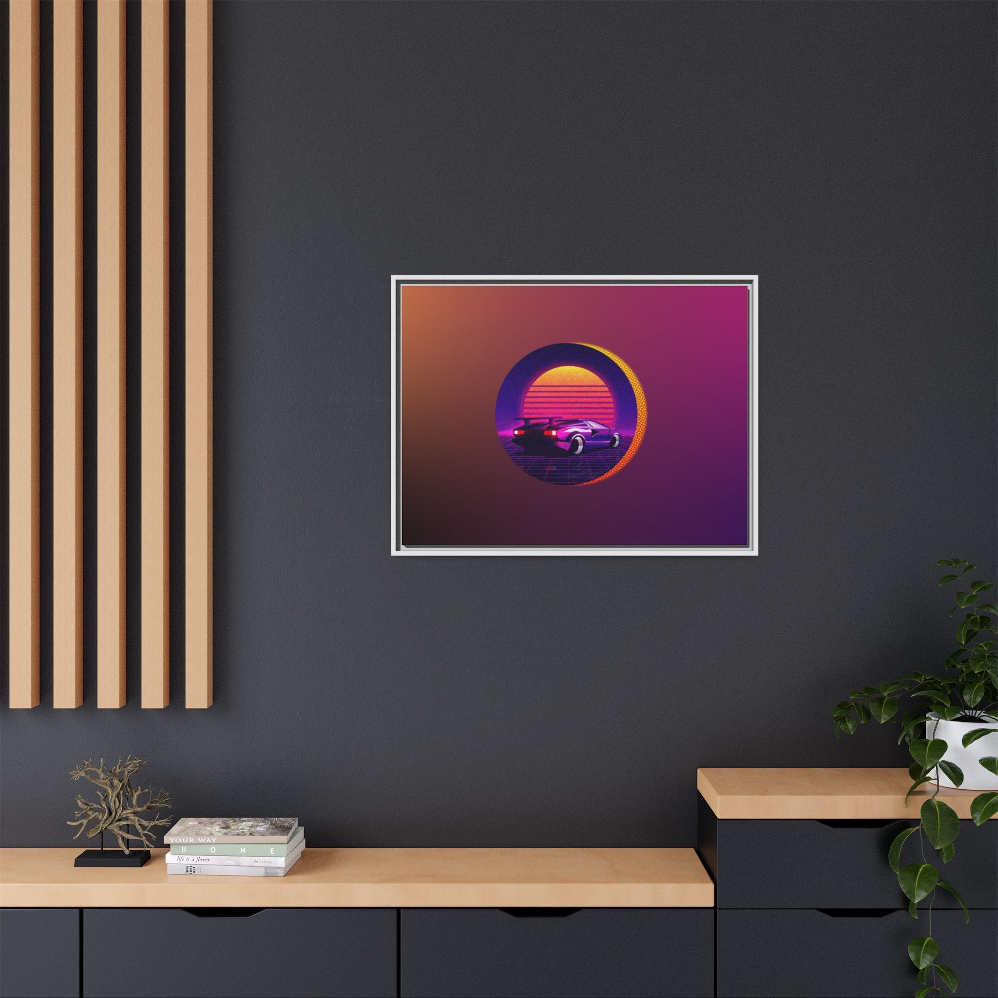 Retro Sunset Sports Car Matte Canvas Framed Wall Art