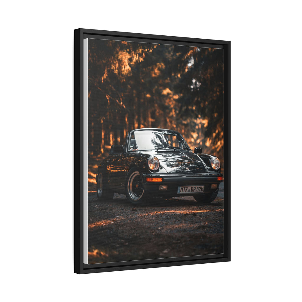 Framed Matte Canvas Print — Vintage Black Porsche in Autumn Forest