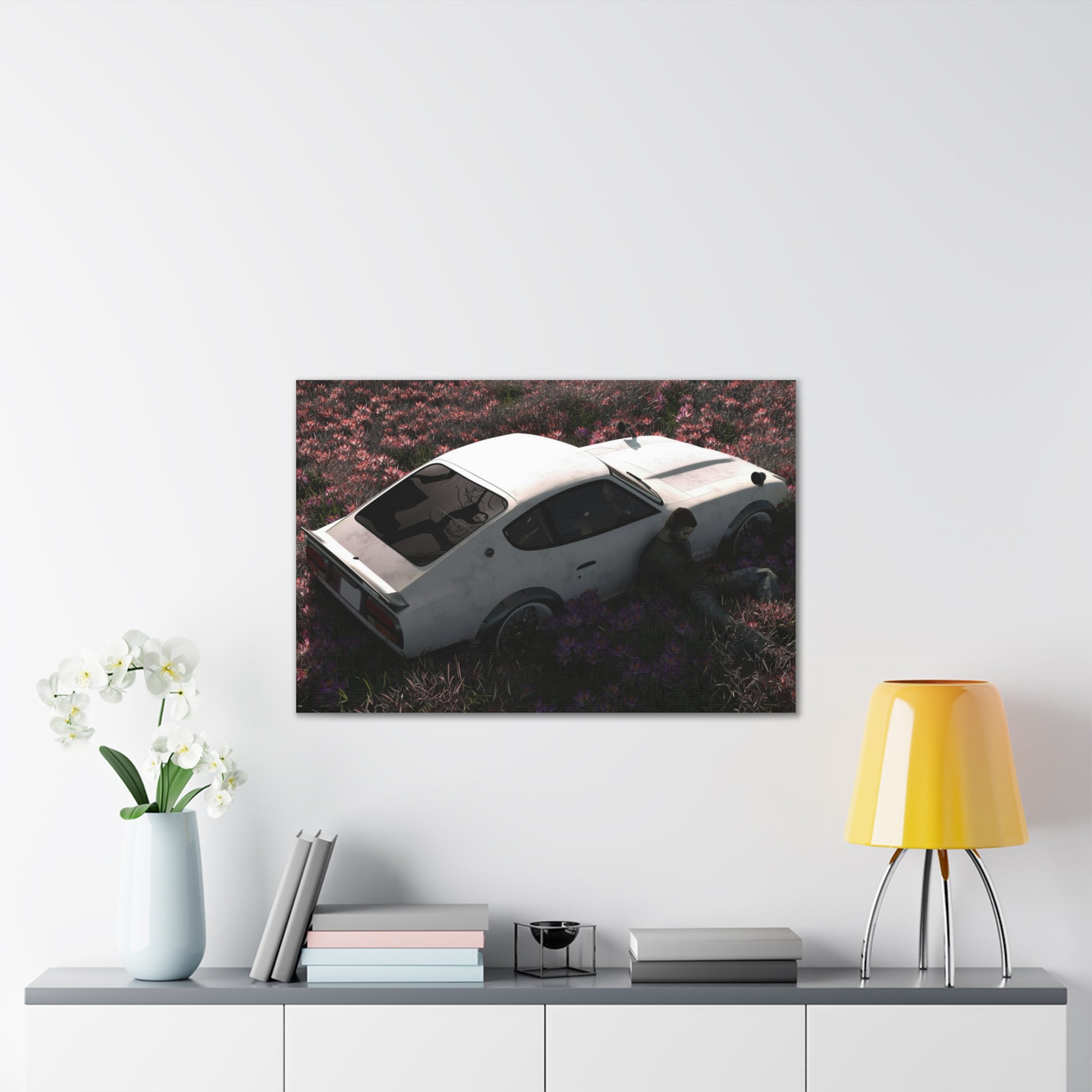 Vintage White Datsun in Wildflower Field Canvas