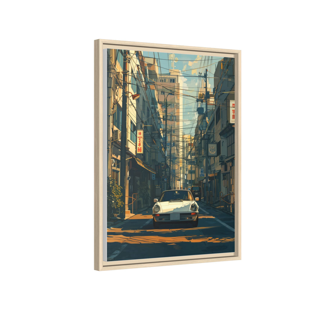 Vintage Sports Car Cityscape Framed Canvas Print