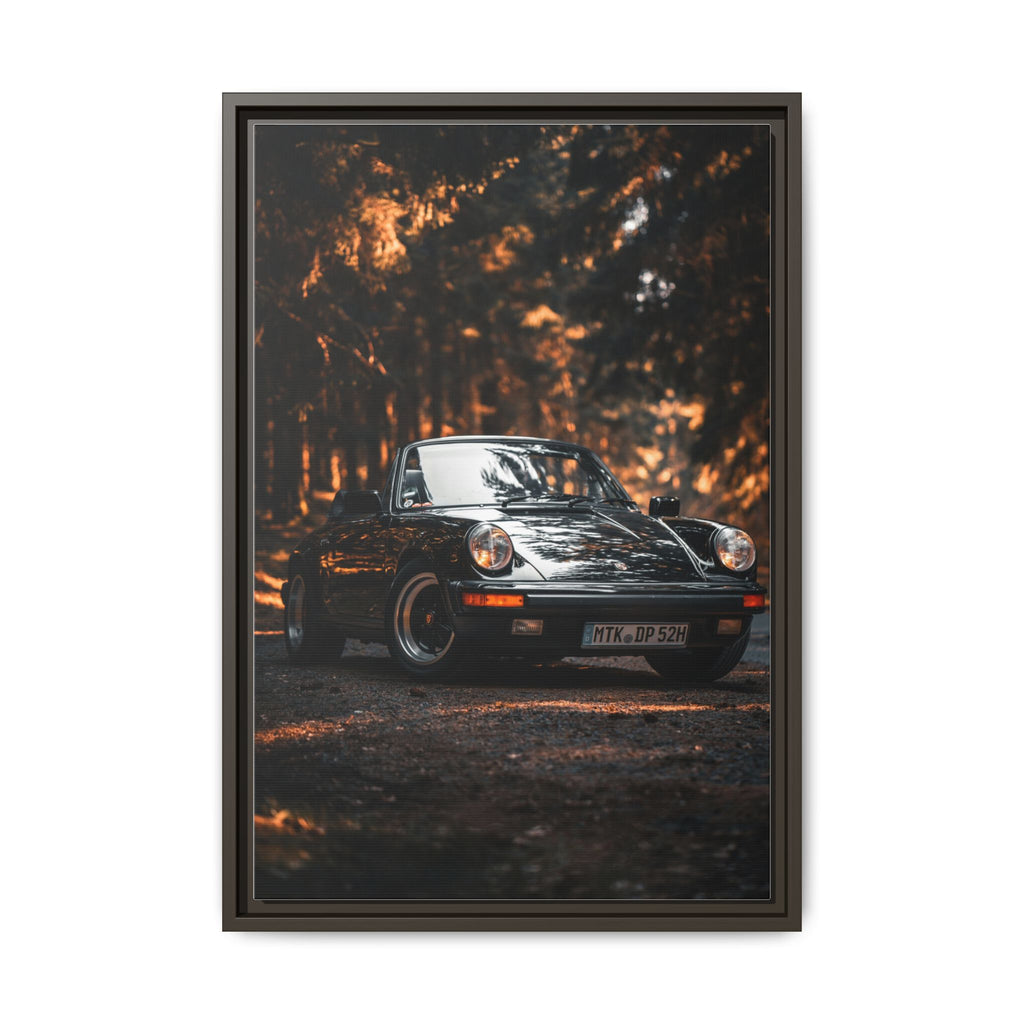 Framed Matte Canvas Print — Vintage Black Porsche in Autumn Forest