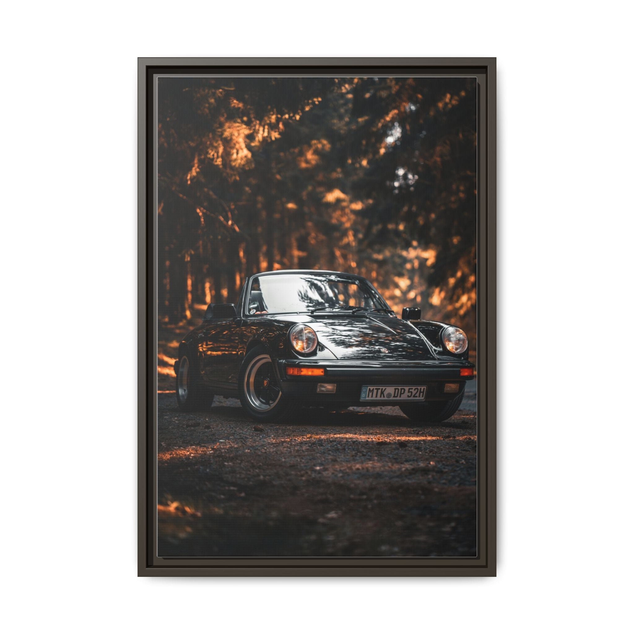 Framed Matte Canvas Print — Vintage Black Porsche in Autumn Forest