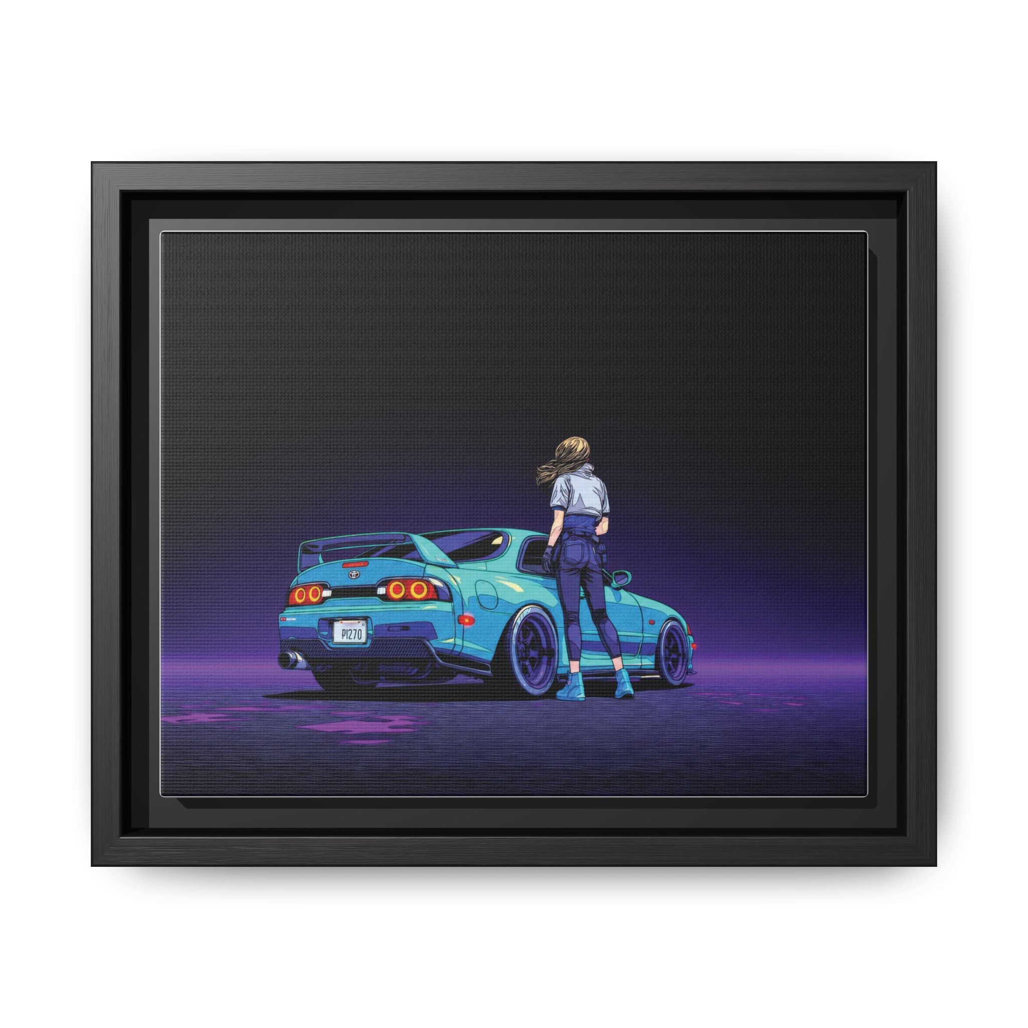 Retro Neon Race Car Poster Matte Canvas Framed | Anime Driver Wall Art