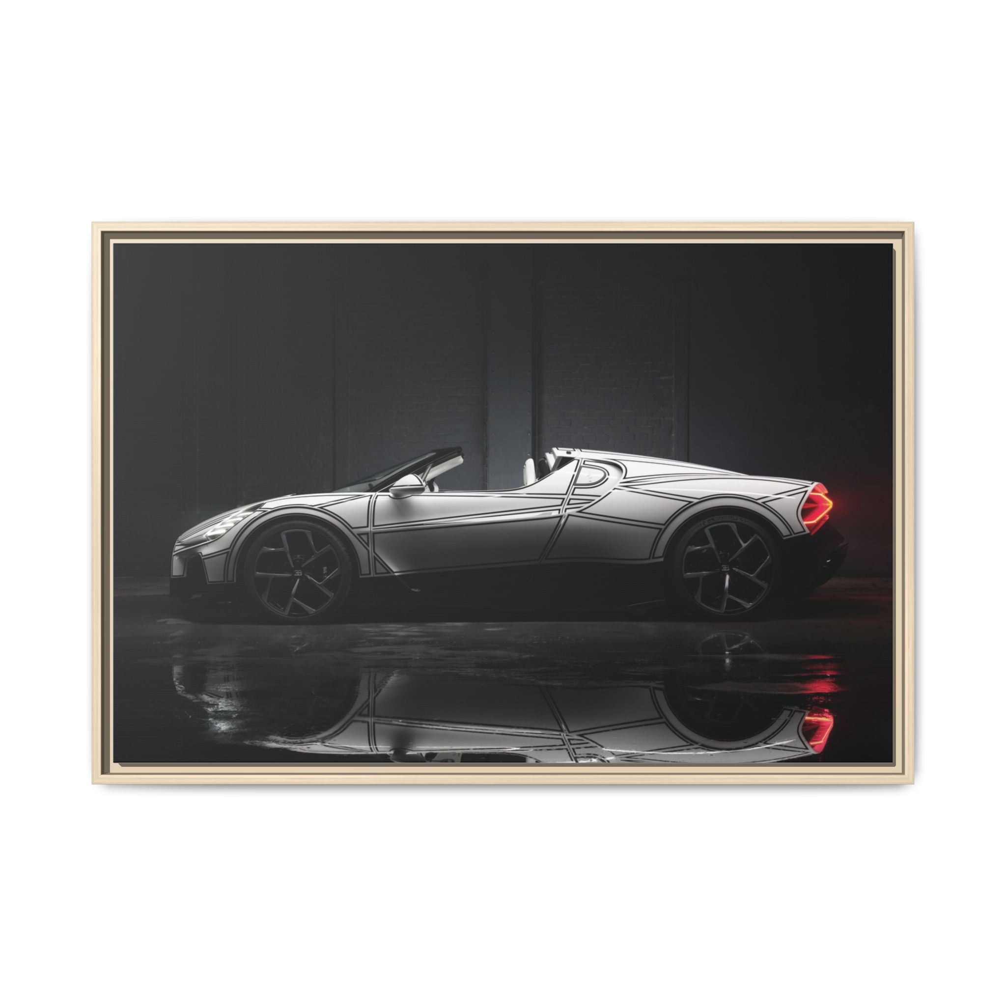 Framed Matte Canvas: Sleek Sports Car Reflection Wall Art