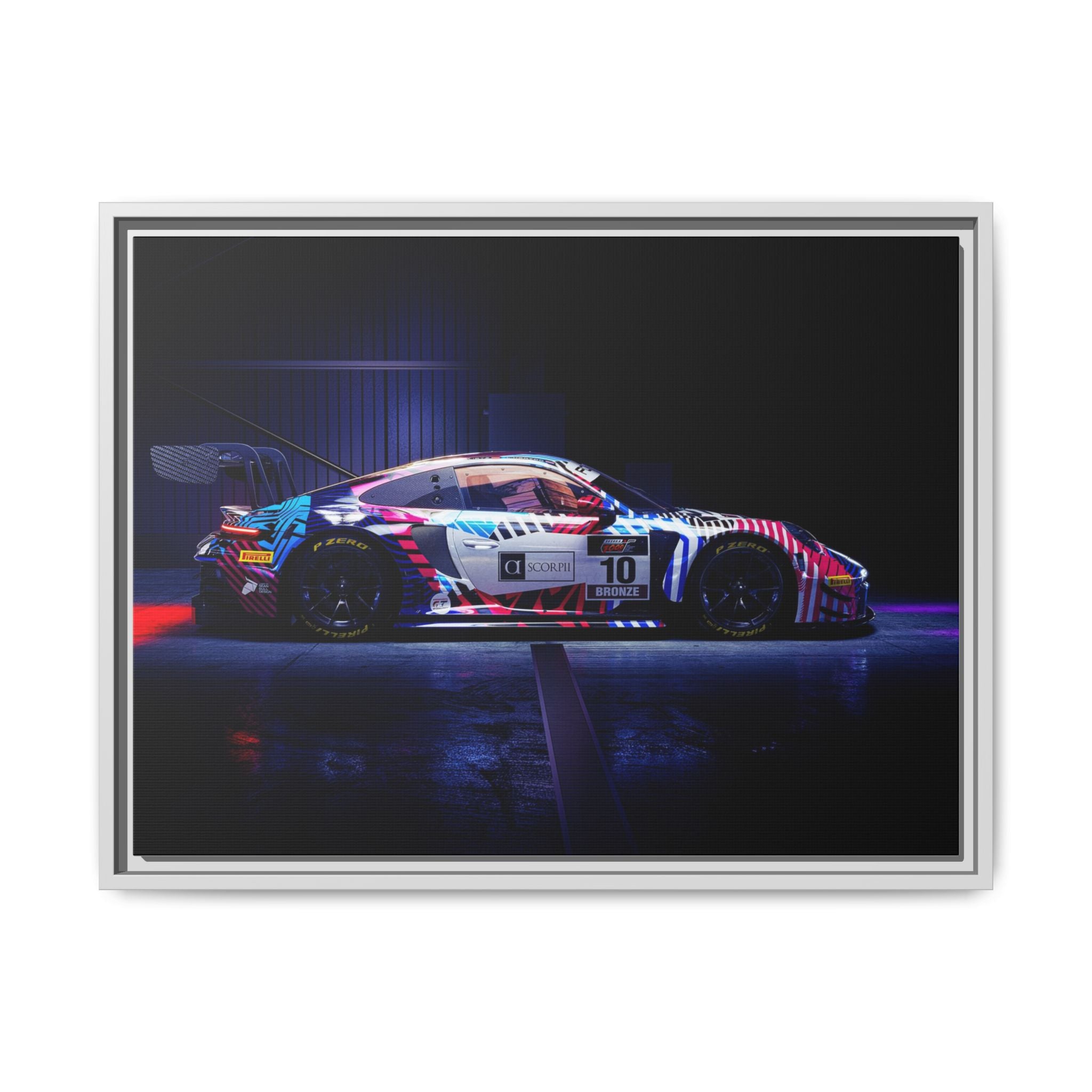 Framed Matte Canvas Print — Neon Racecar Wall Art