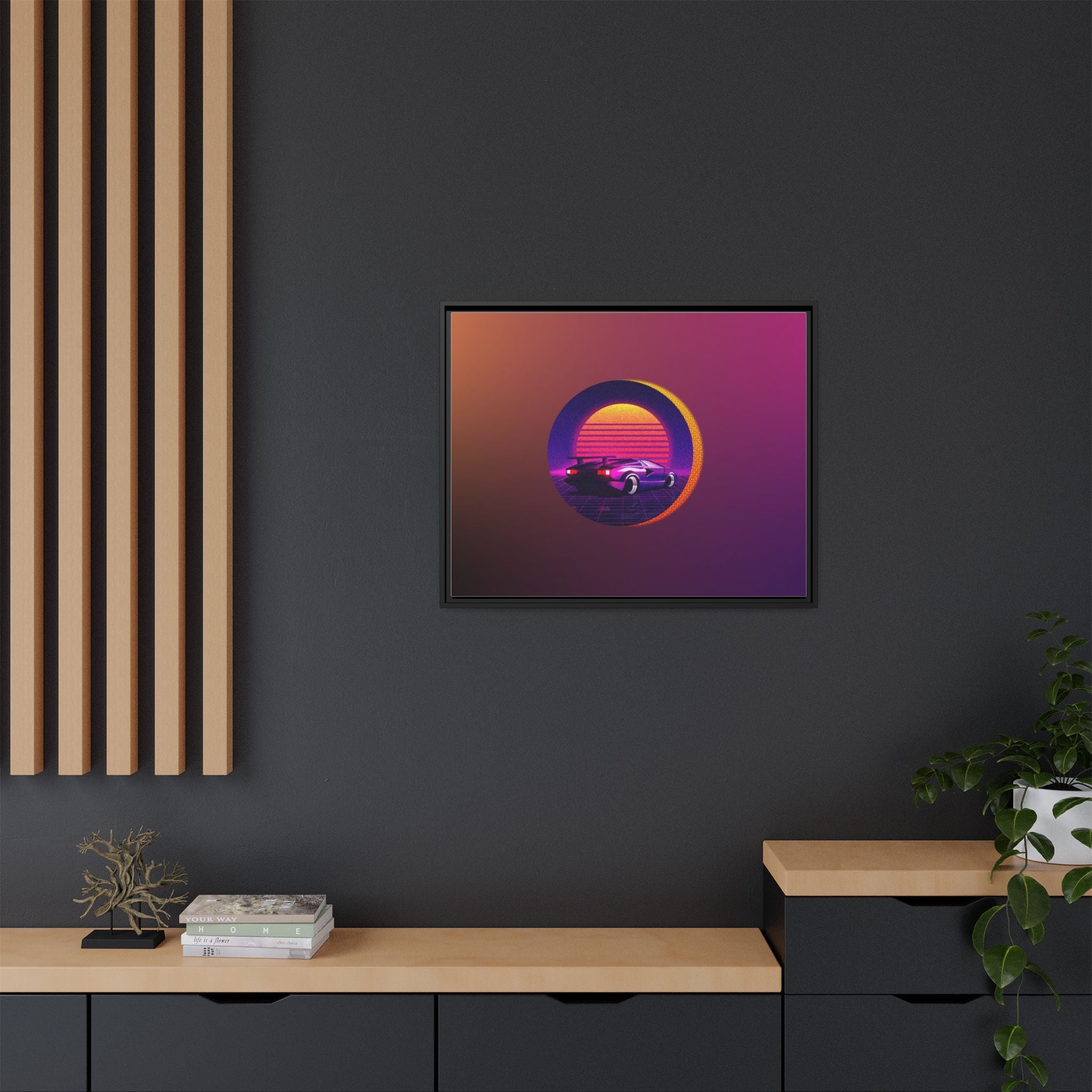 Retro Sunset Sports Car Matte Canvas Framed Wall Art