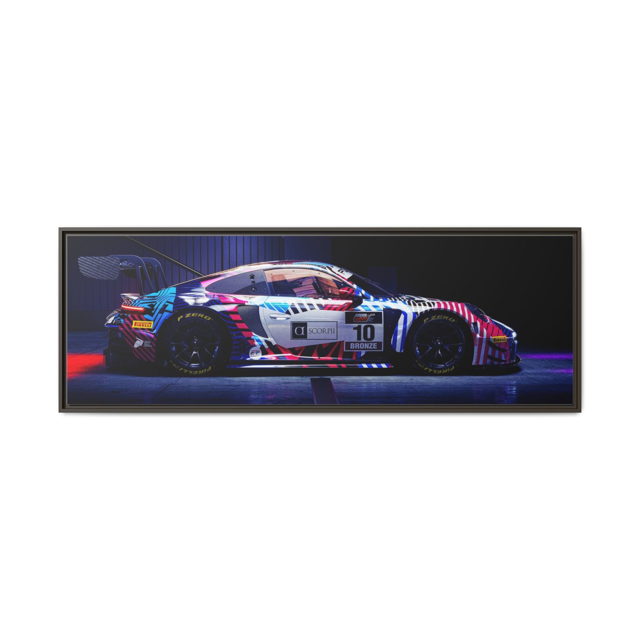 Framed Matte Canvas Print — Neon Racecar Wall Art