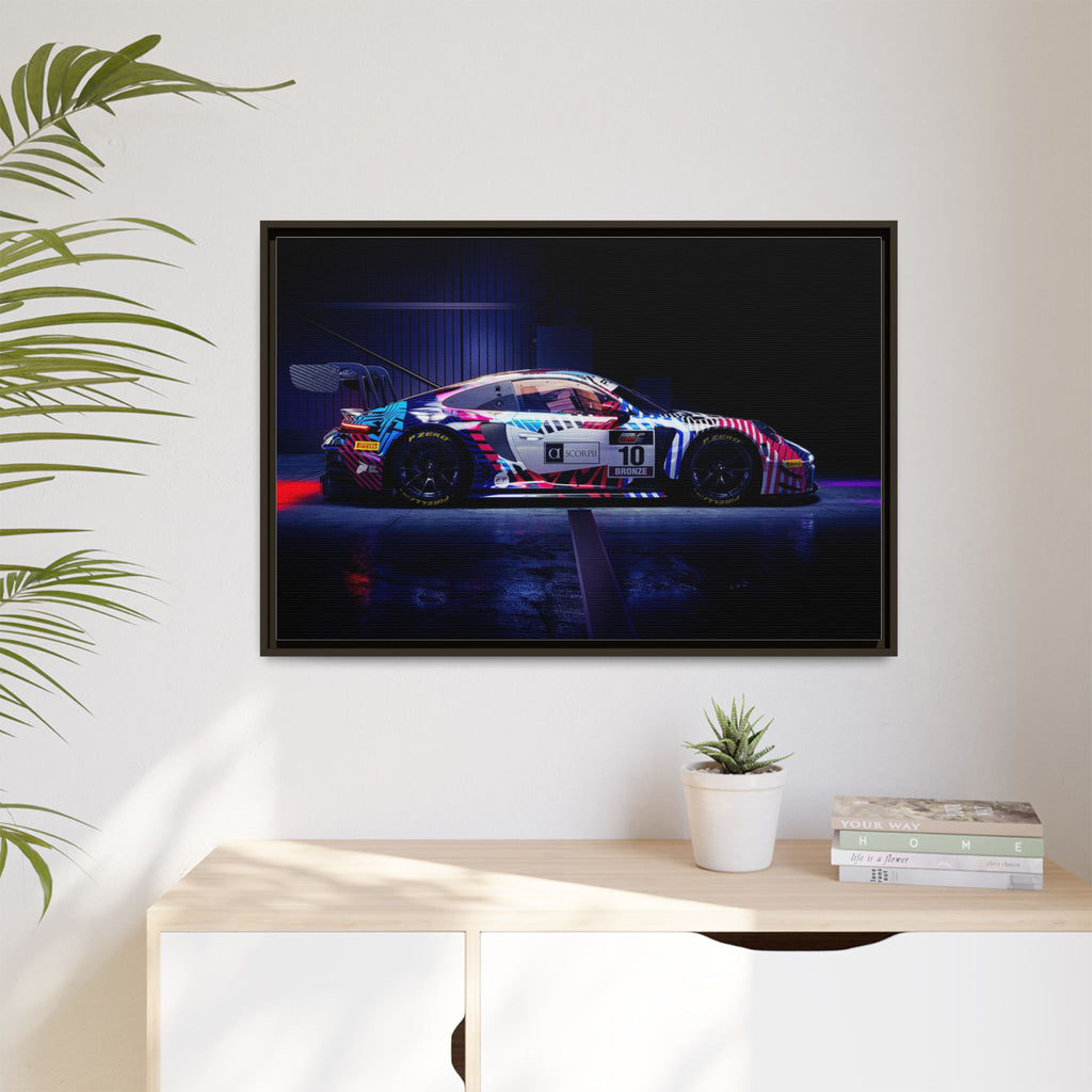 Framed Matte Canvas Print — Neon Racecar Wall Art