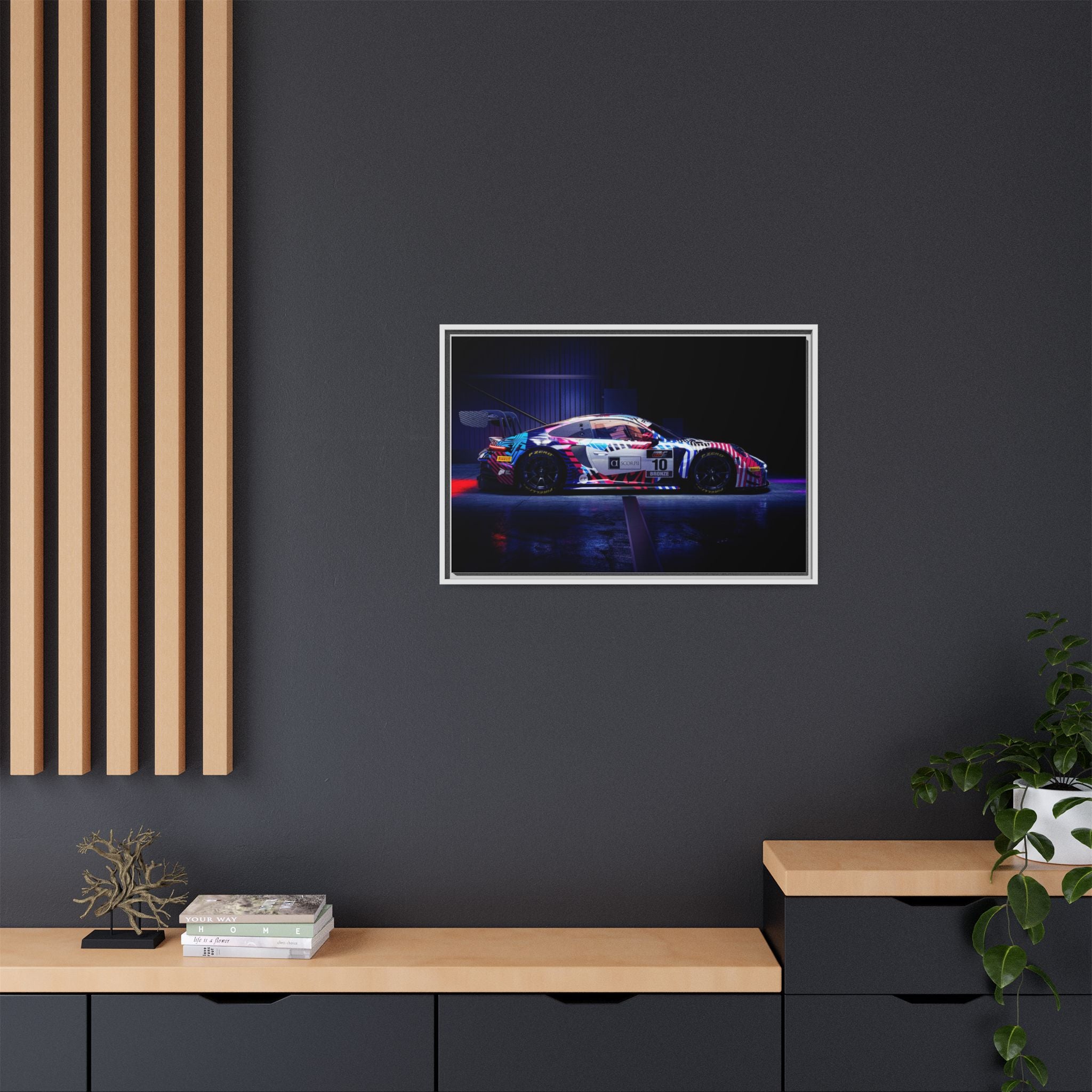 Framed Matte Canvas Print — Neon Racecar Wall Art