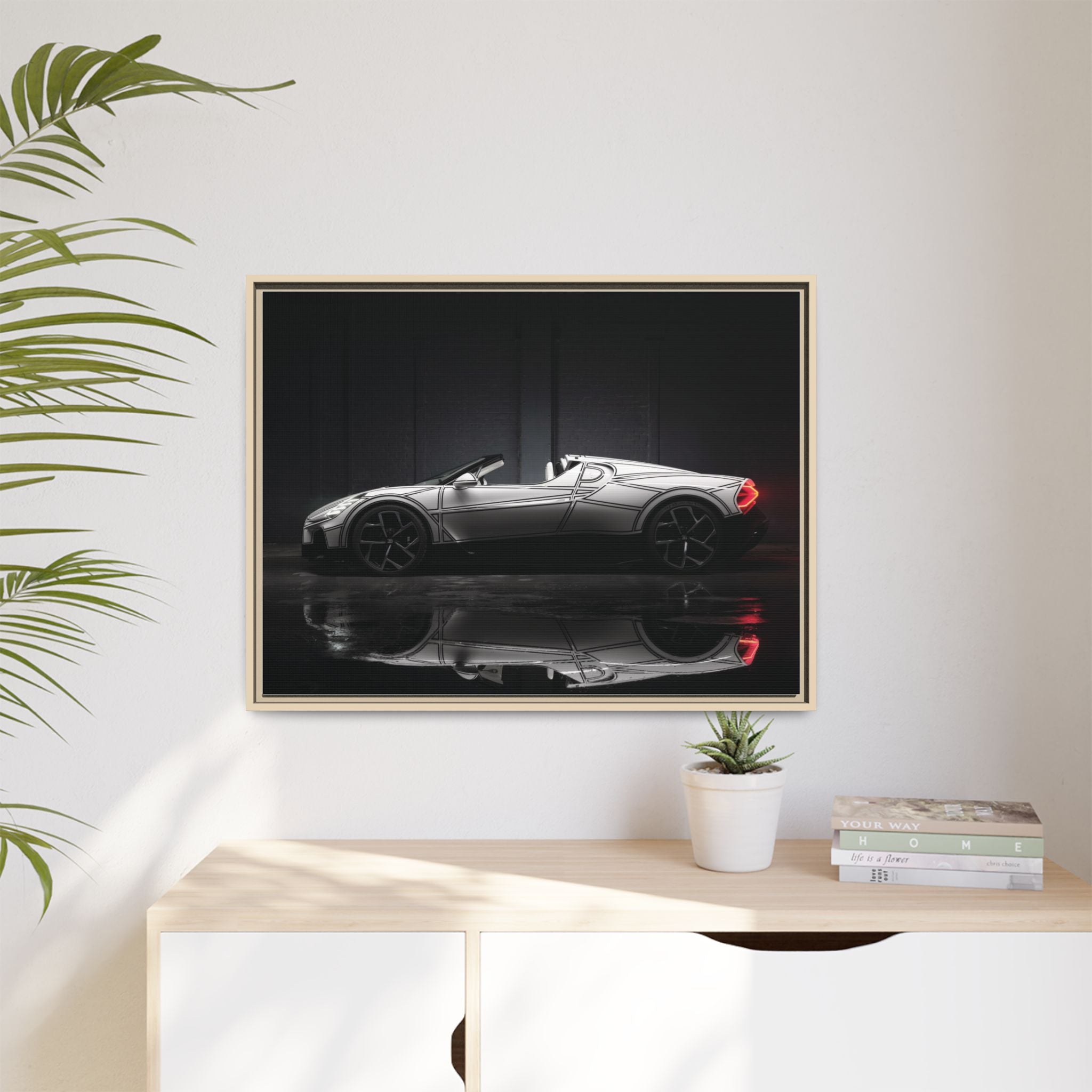 Framed Matte Canvas: Sleek Sports Car Reflection Wall Art