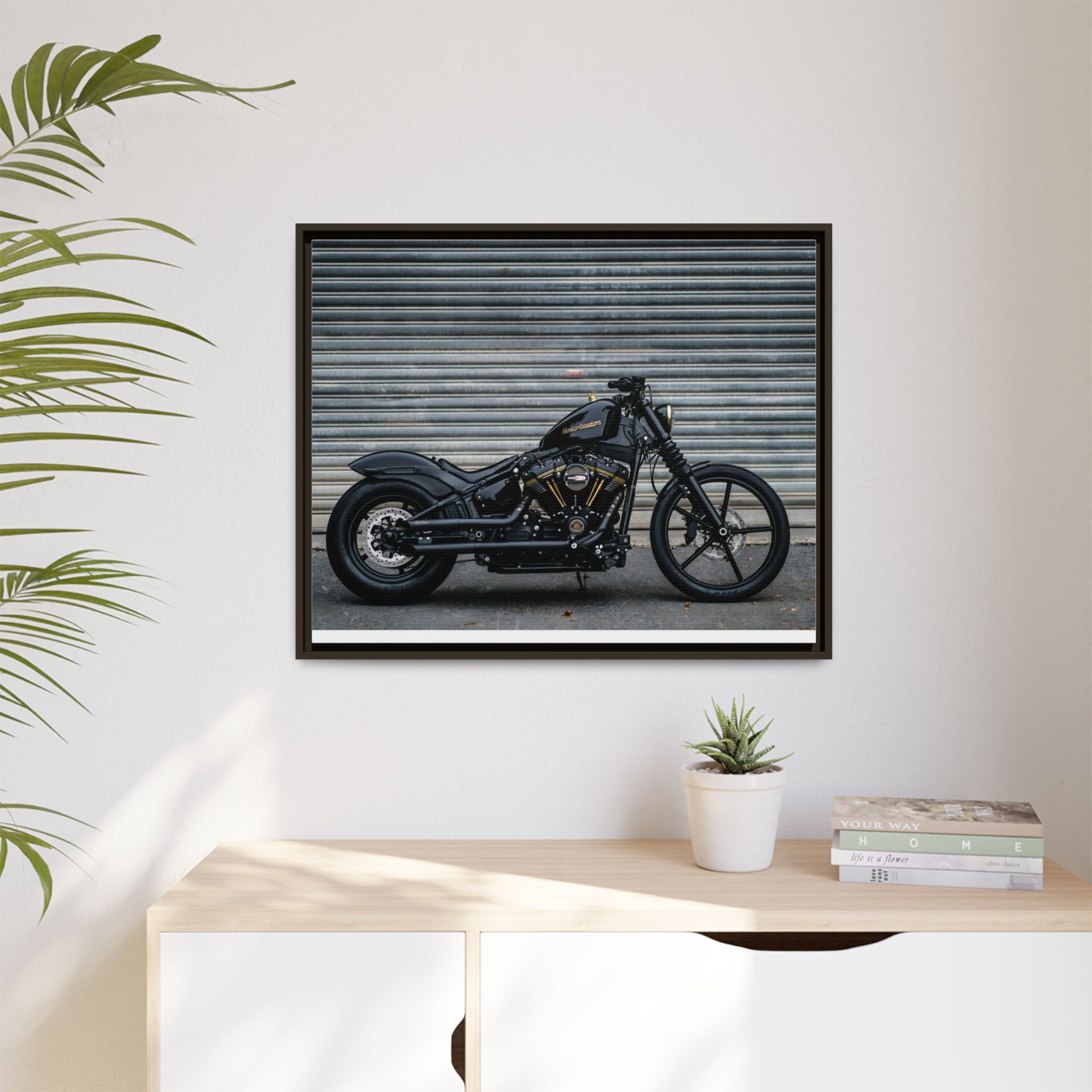 Framed Matte Canvas Motorcycle Print — Black Bobber Wall Art