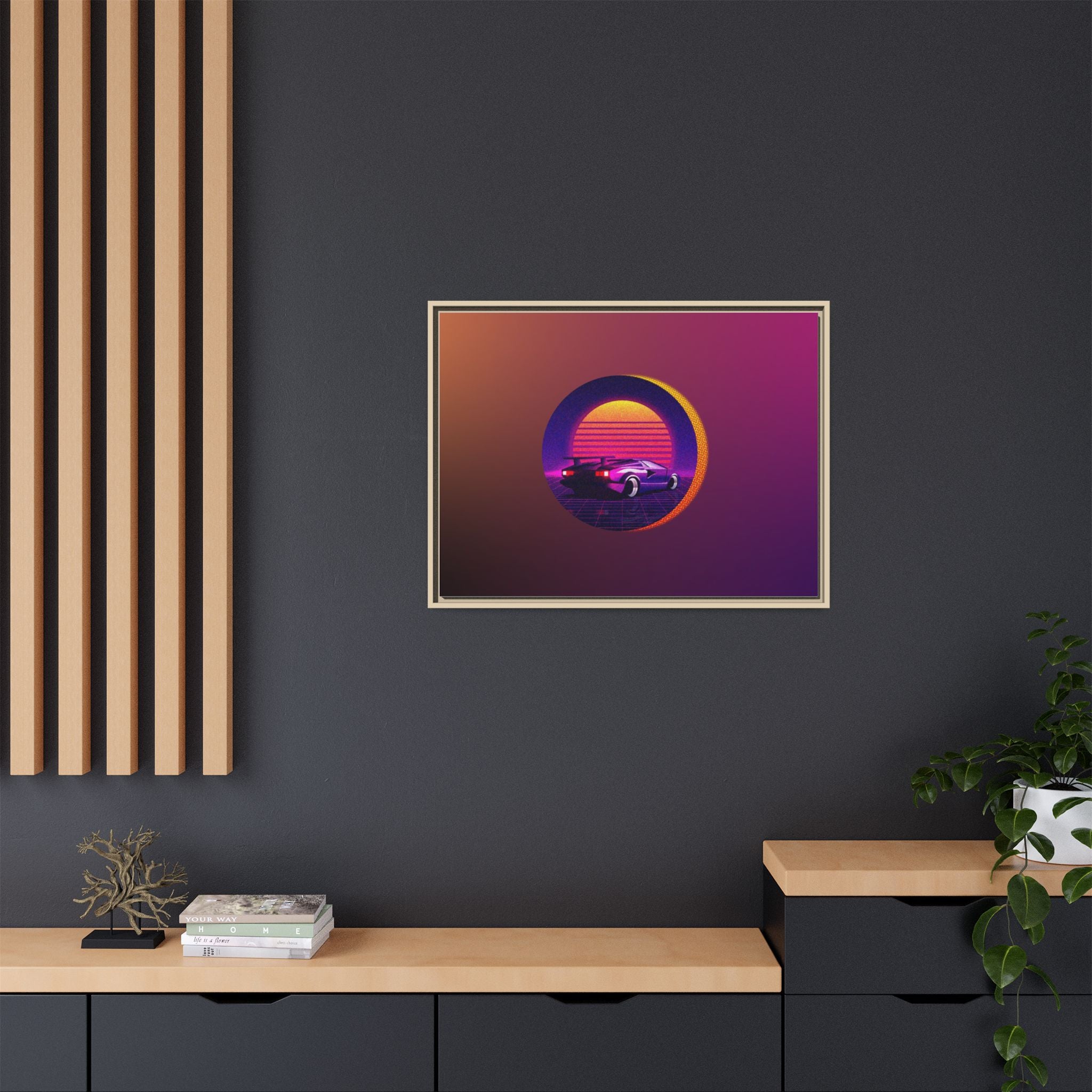 Retro Sunset Sports Car Matte Canvas Framed Wall Art
