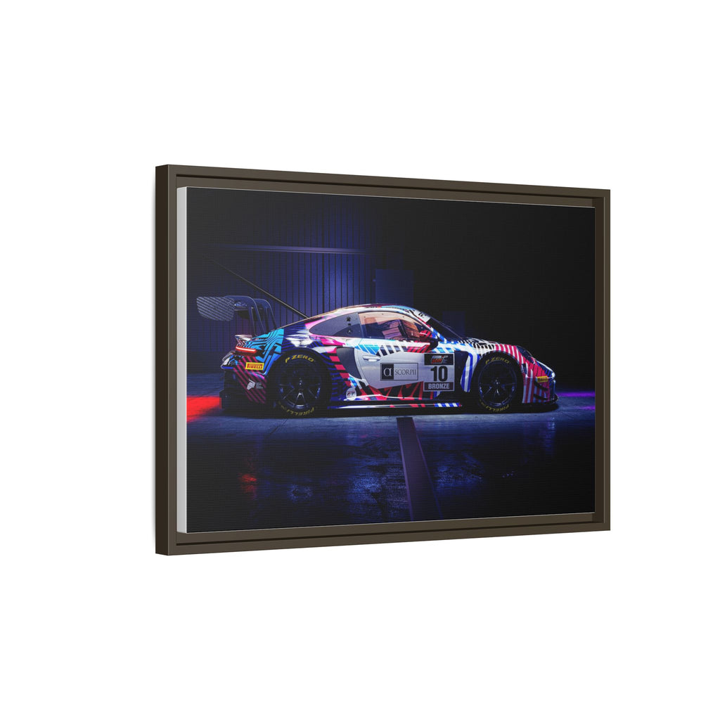 Framed Matte Canvas Print — Neon Racecar Wall Art