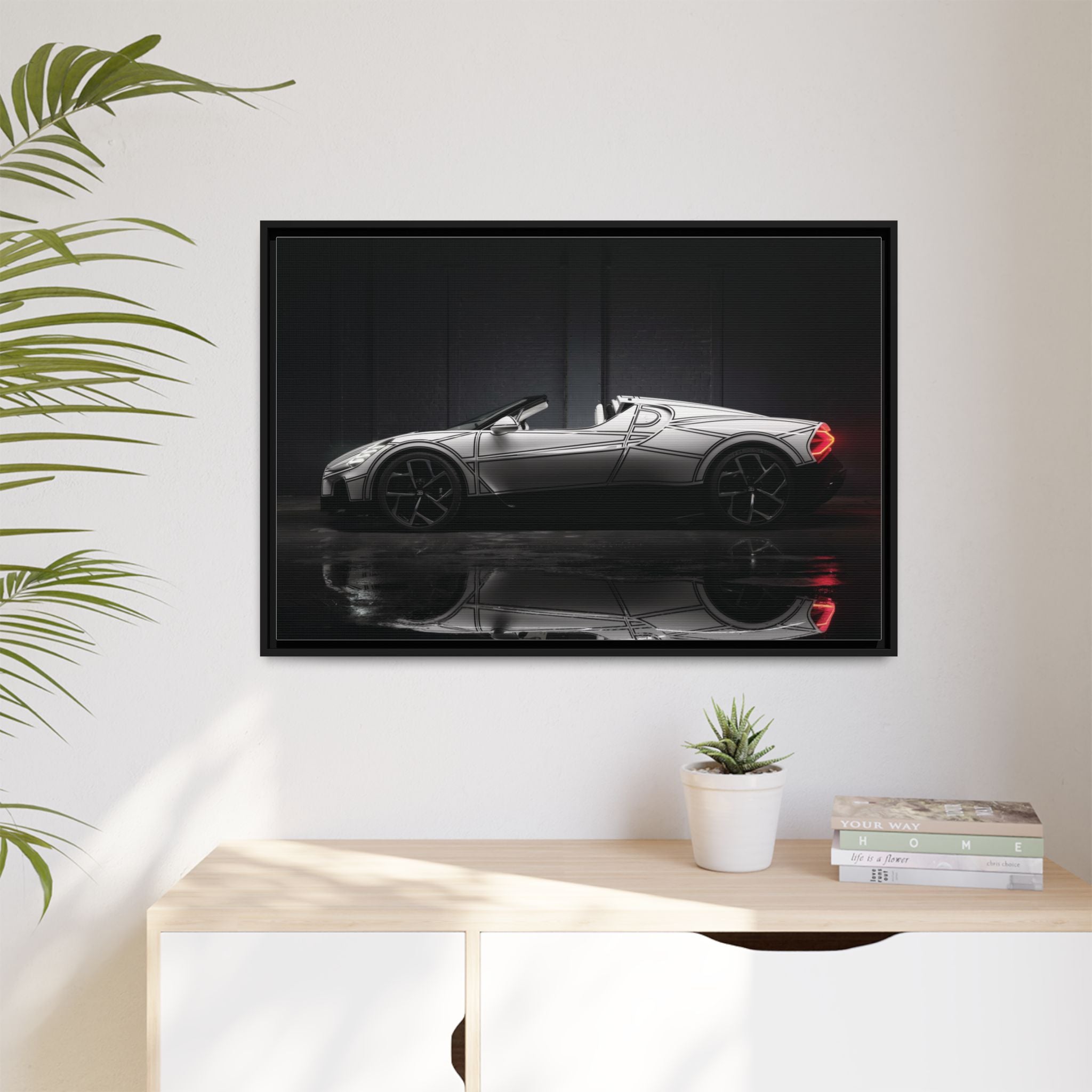 Framed Matte Canvas: Sleek Sports Car Reflection Wall Art