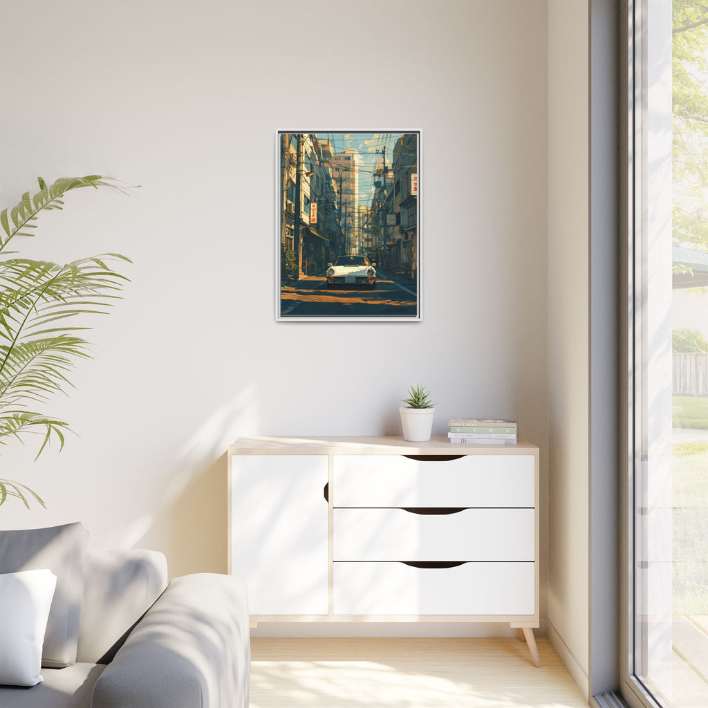 Vintage Sports Car Cityscape Framed Canvas Print