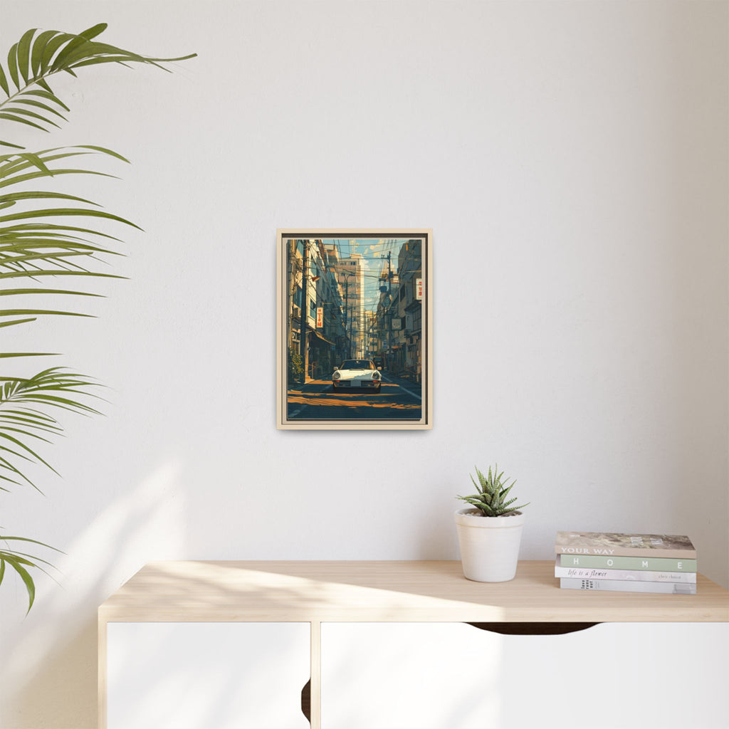 Vintage Sports Car Cityscape Framed Canvas Print