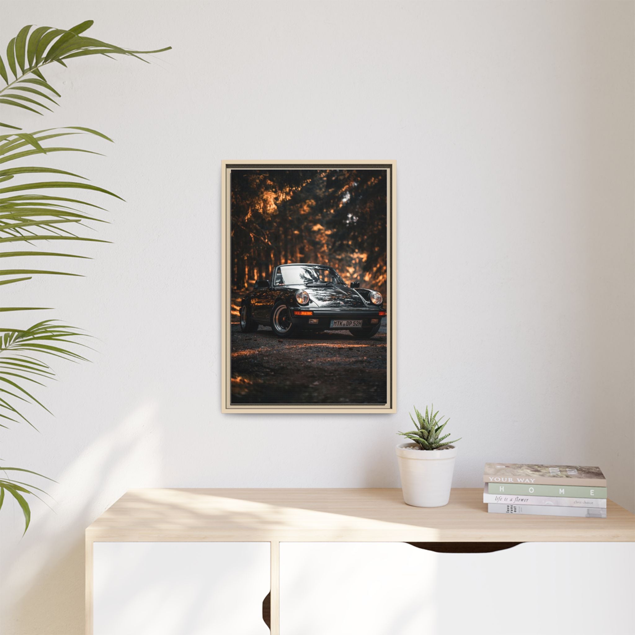 Framed Matte Canvas Print — Vintage Black Porsche in Autumn Forest