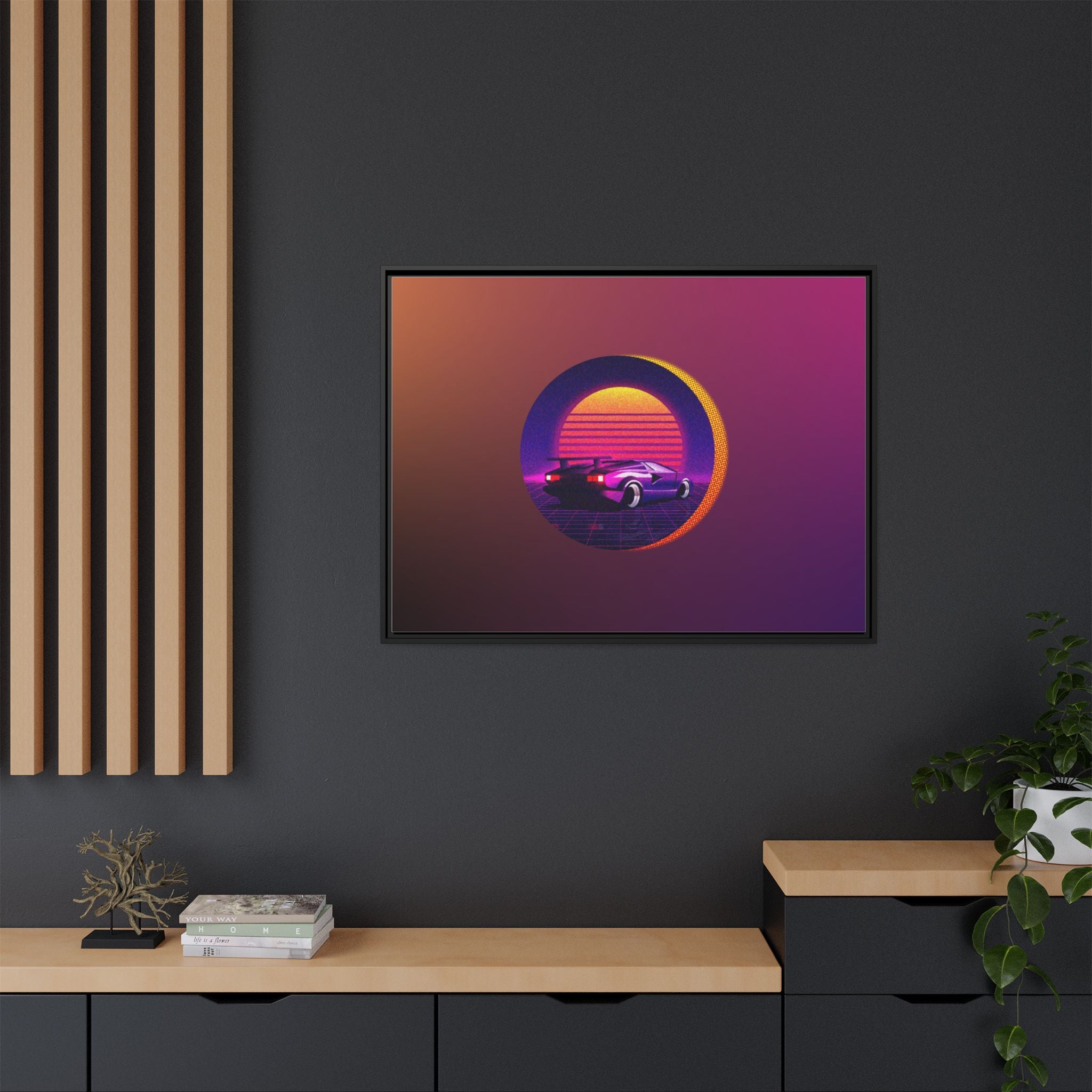 Retro Sunset Sports Car Matte Canvas Framed Wall Art