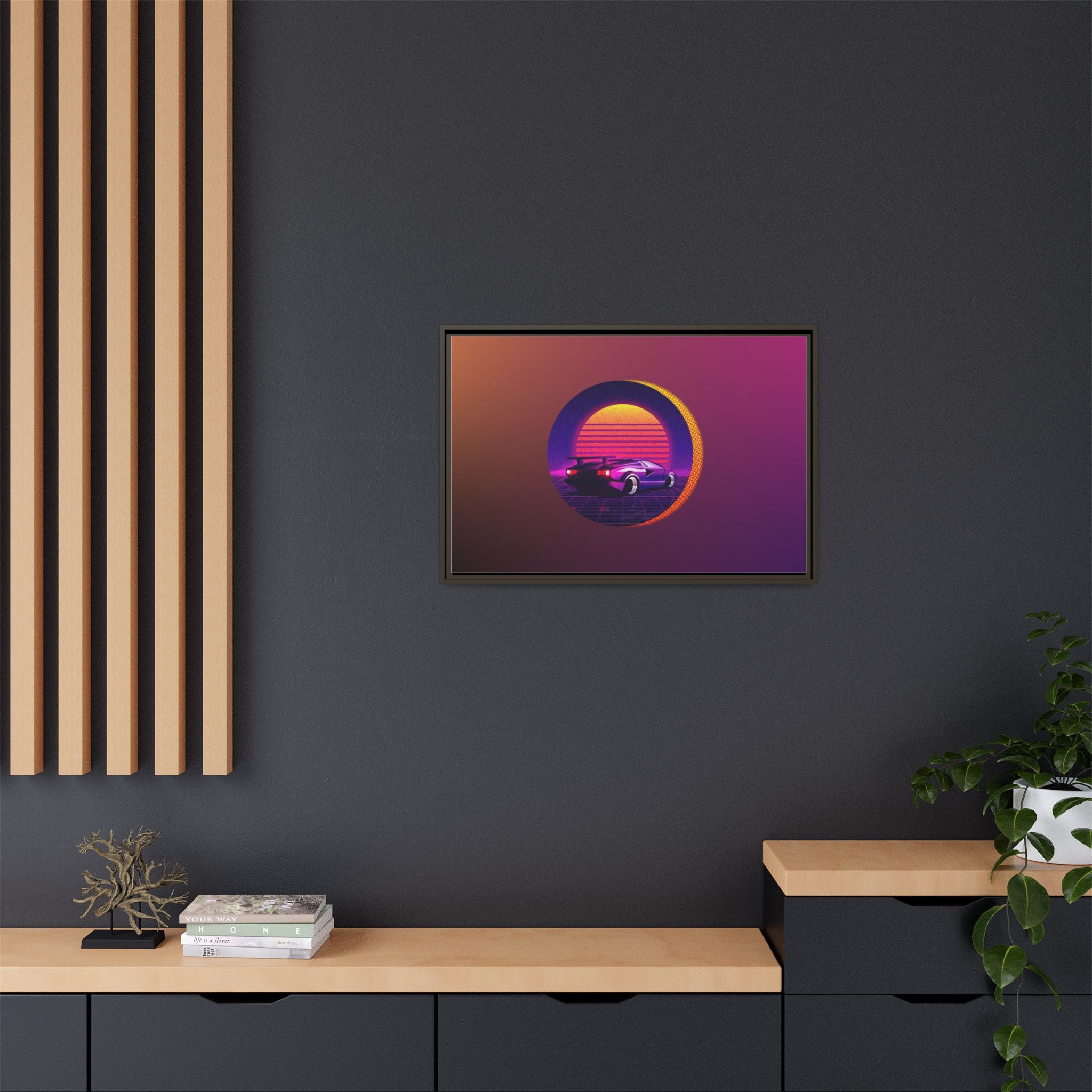 Retro Sunset Sports Car Matte Canvas Framed Wall Art