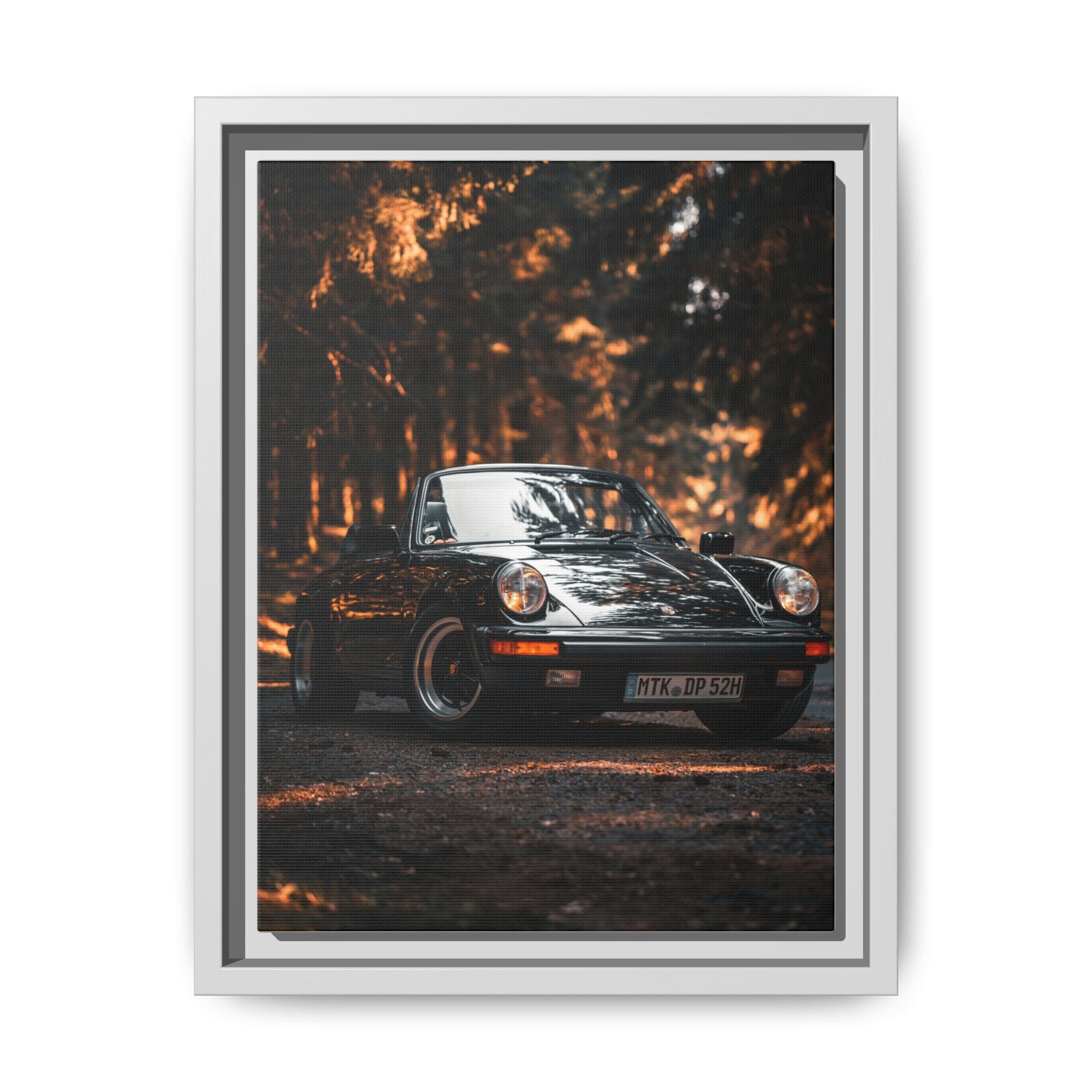 Framed Matte Canvas Print — Vintage Black Porsche in Autumn Forest
