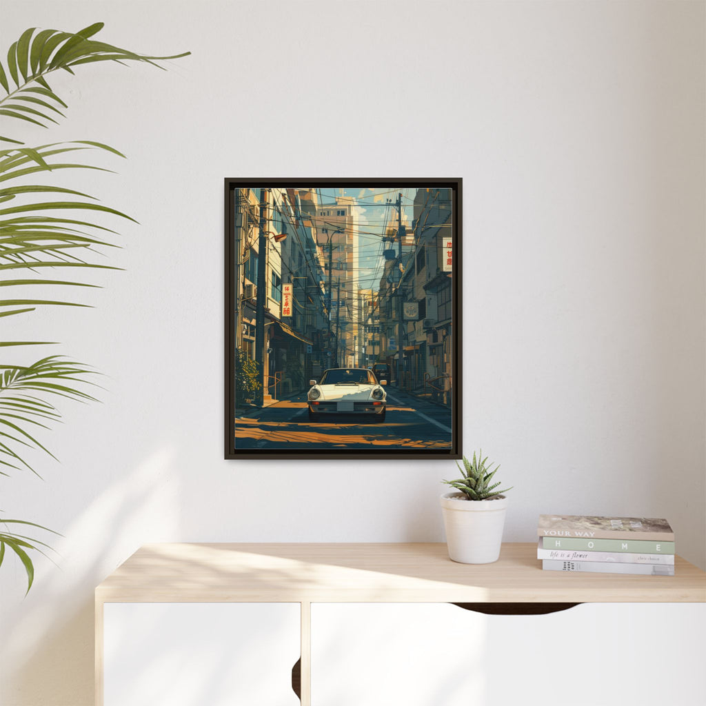 Vintage Sports Car Cityscape Framed Canvas Print