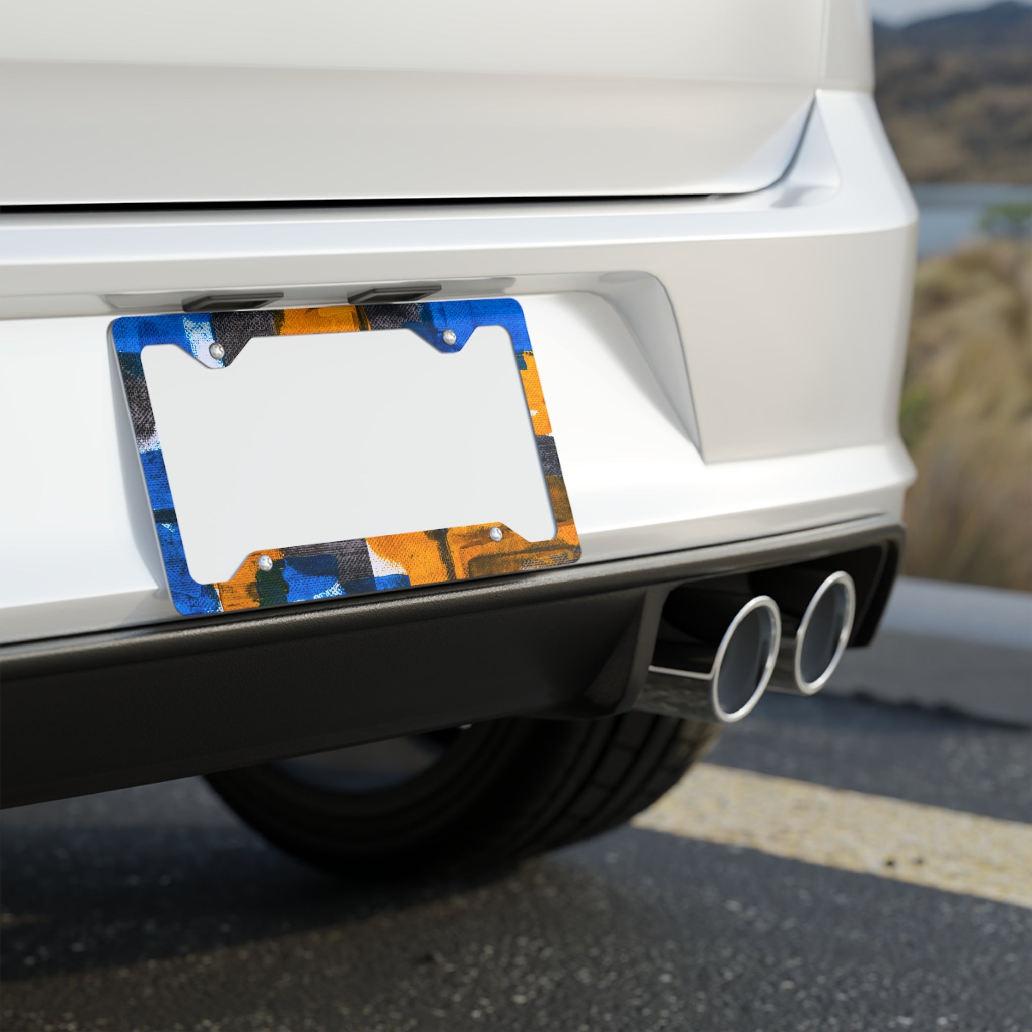 Abstract Blue & Orange Metal License Plate Frame — Colorful Geometric Car Trim
