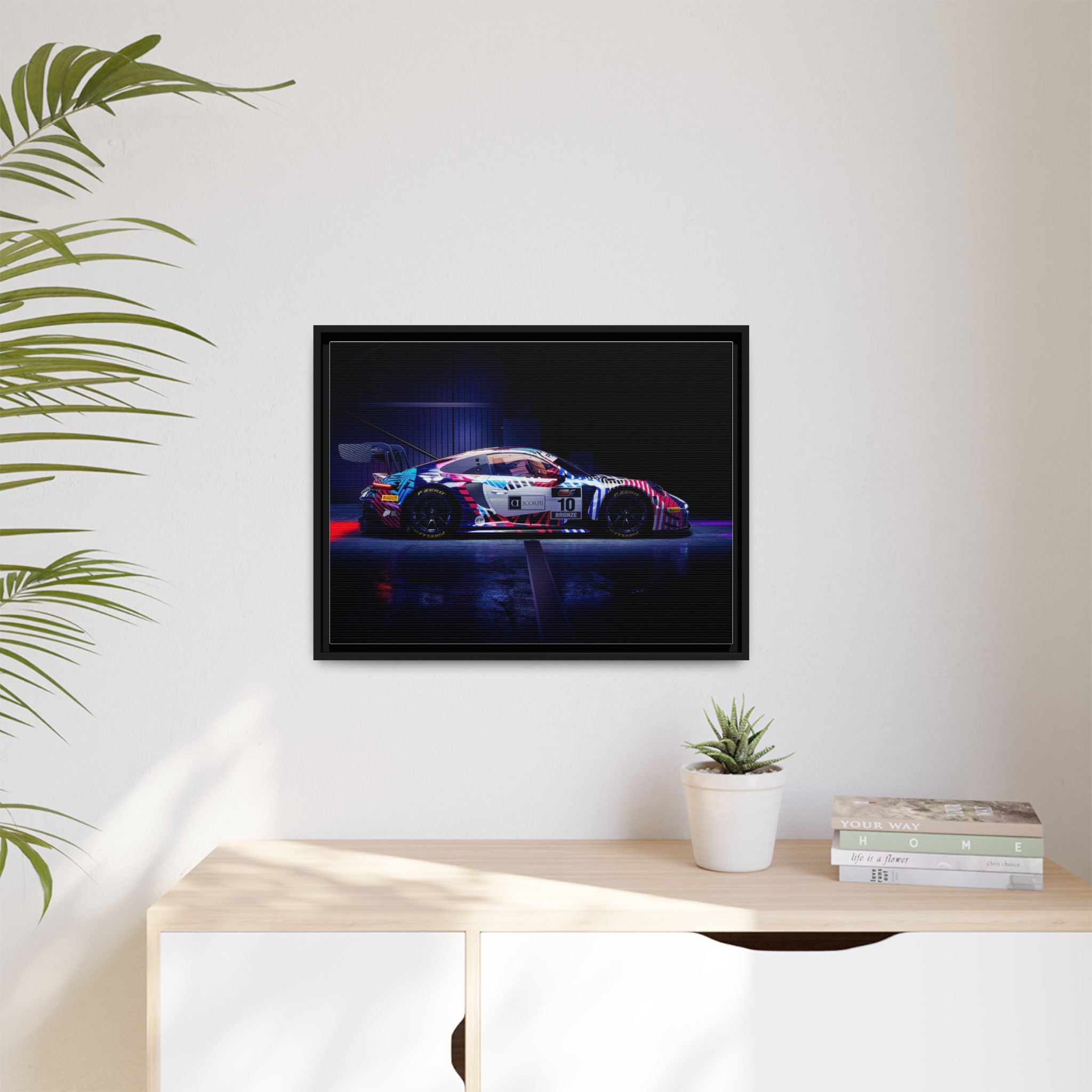 Framed Matte Canvas Print — Neon Racecar Wall Art