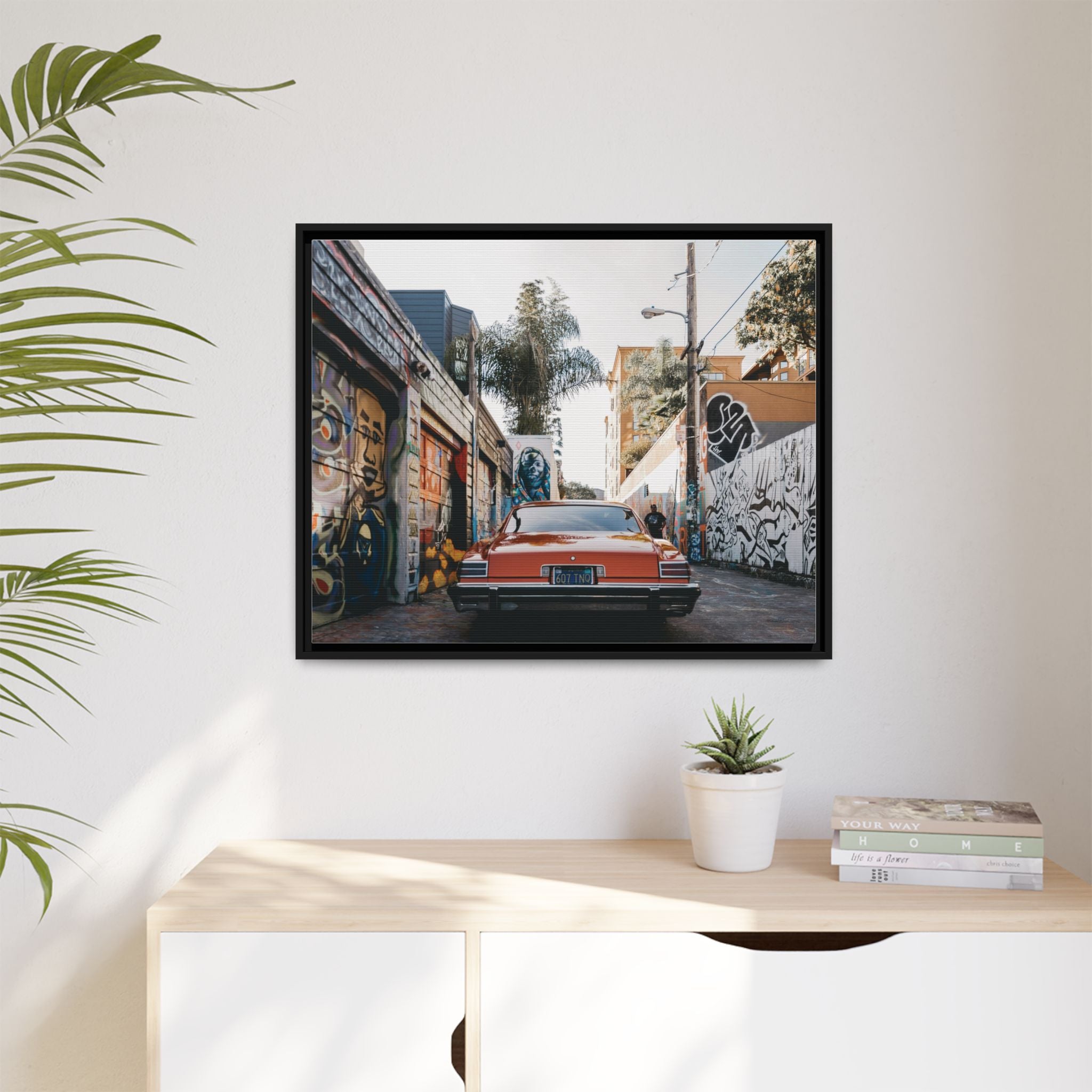 Vintage Chevrolet in Graffiti Alley — Framed Matte Canvas Wall Art
