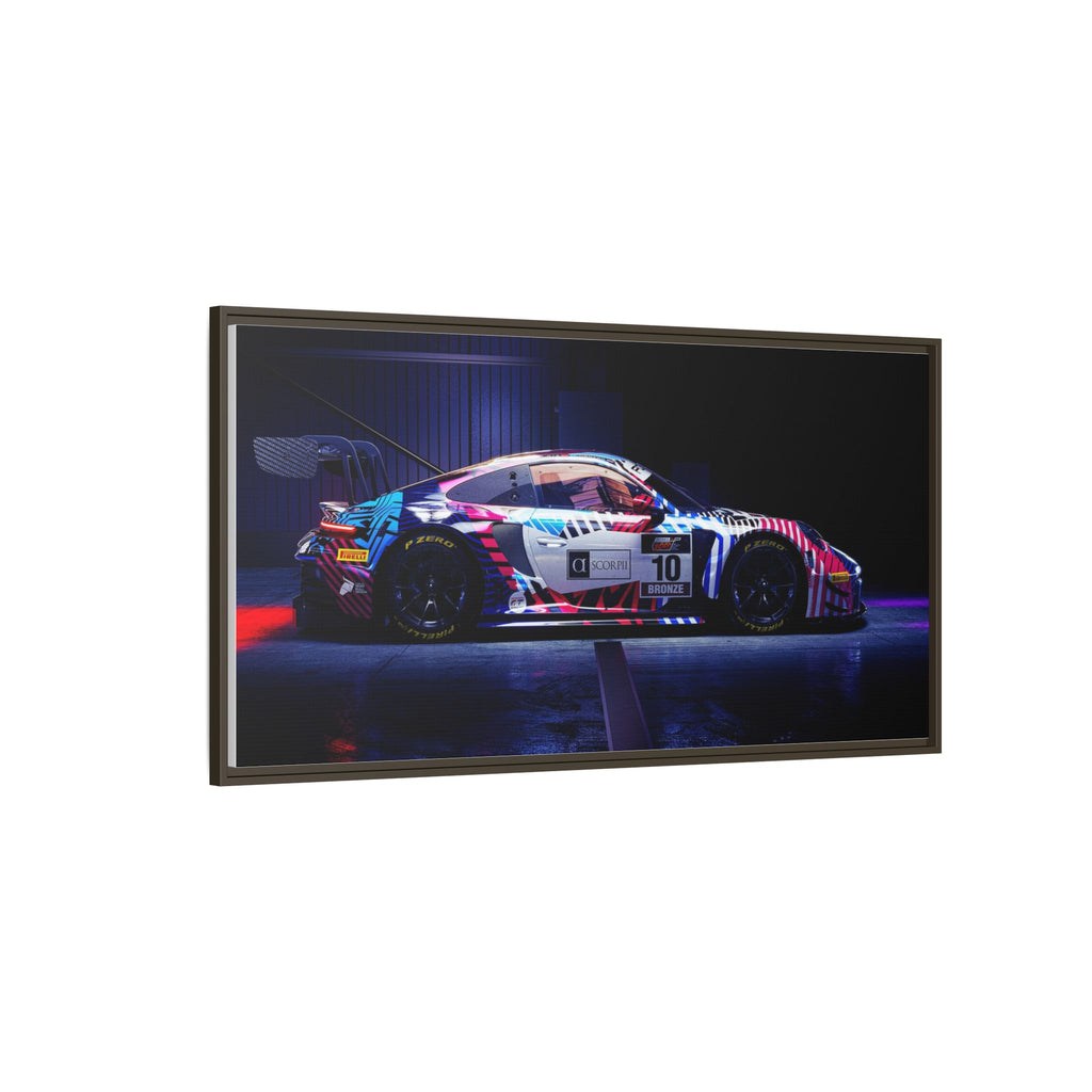 Framed Matte Canvas Print — Neon Racecar Wall Art