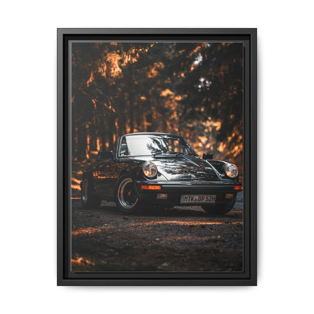 Framed Matte Canvas Print — Vintage Black Porsche in Autumn Forest