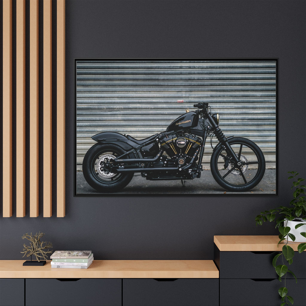 Framed Matte Canvas Motorcycle Print — Black Bobber Wall Art